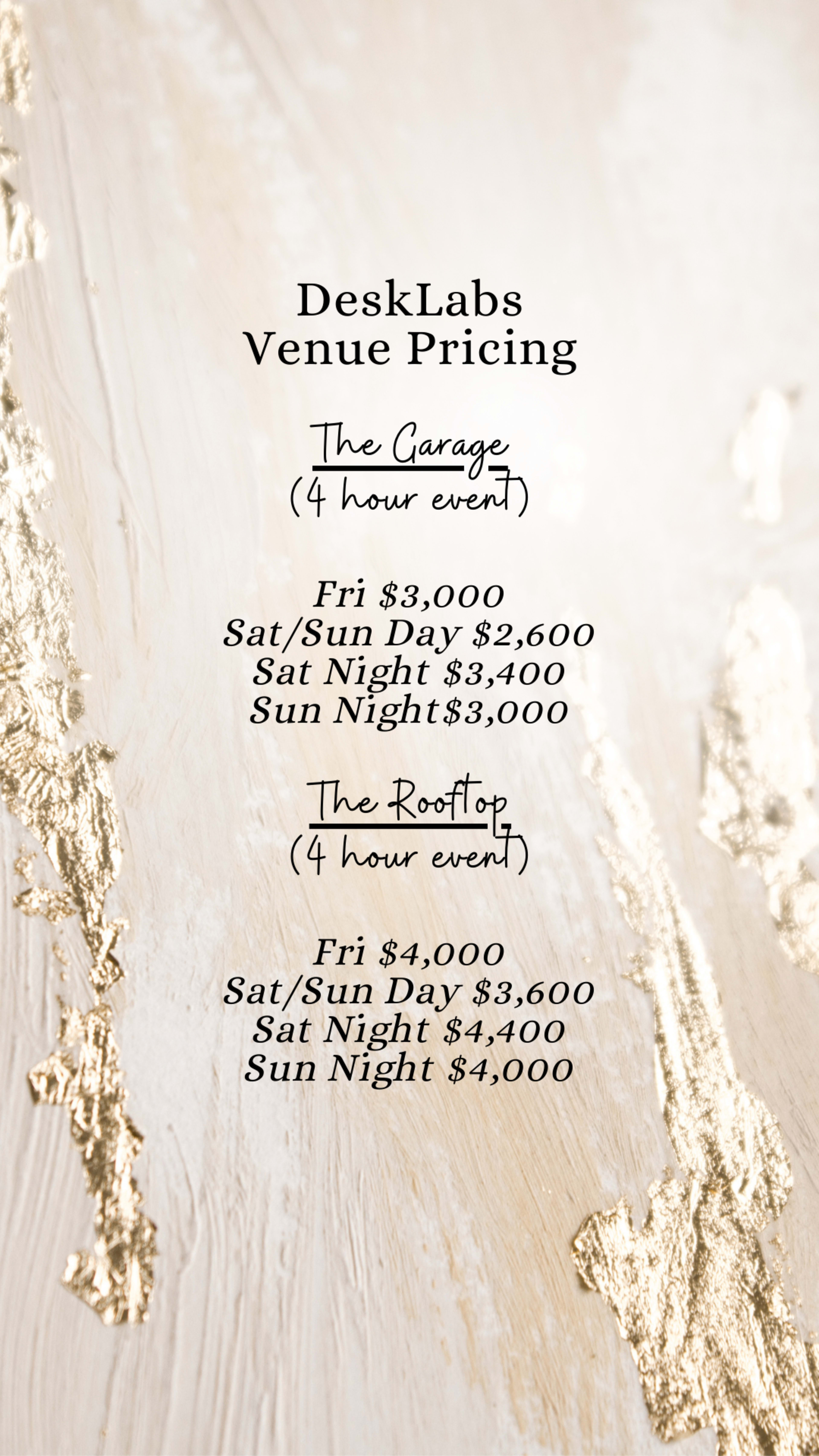 A pricing list for venue rentals at DeskLabs, including fees for "The Garage" and "The Rooftop" for various days and times.