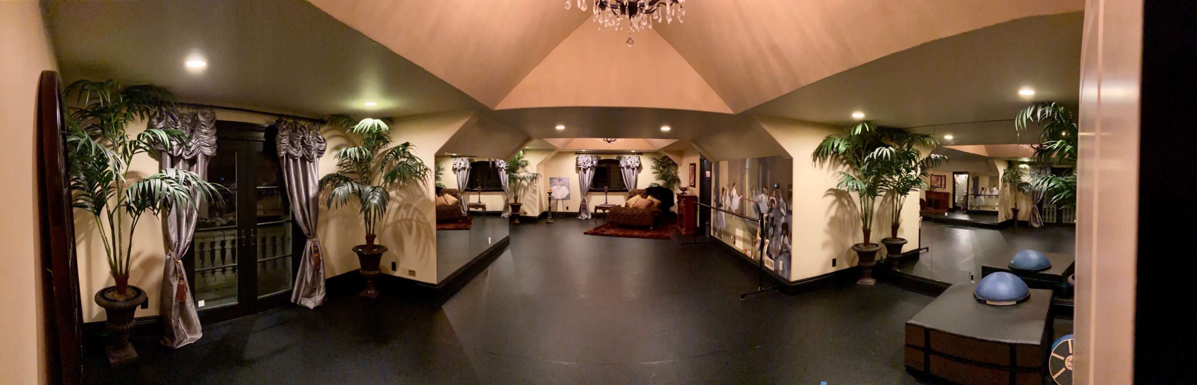 A spacious room with high ceilings, large mirrors, decorative plants, and a seating area.