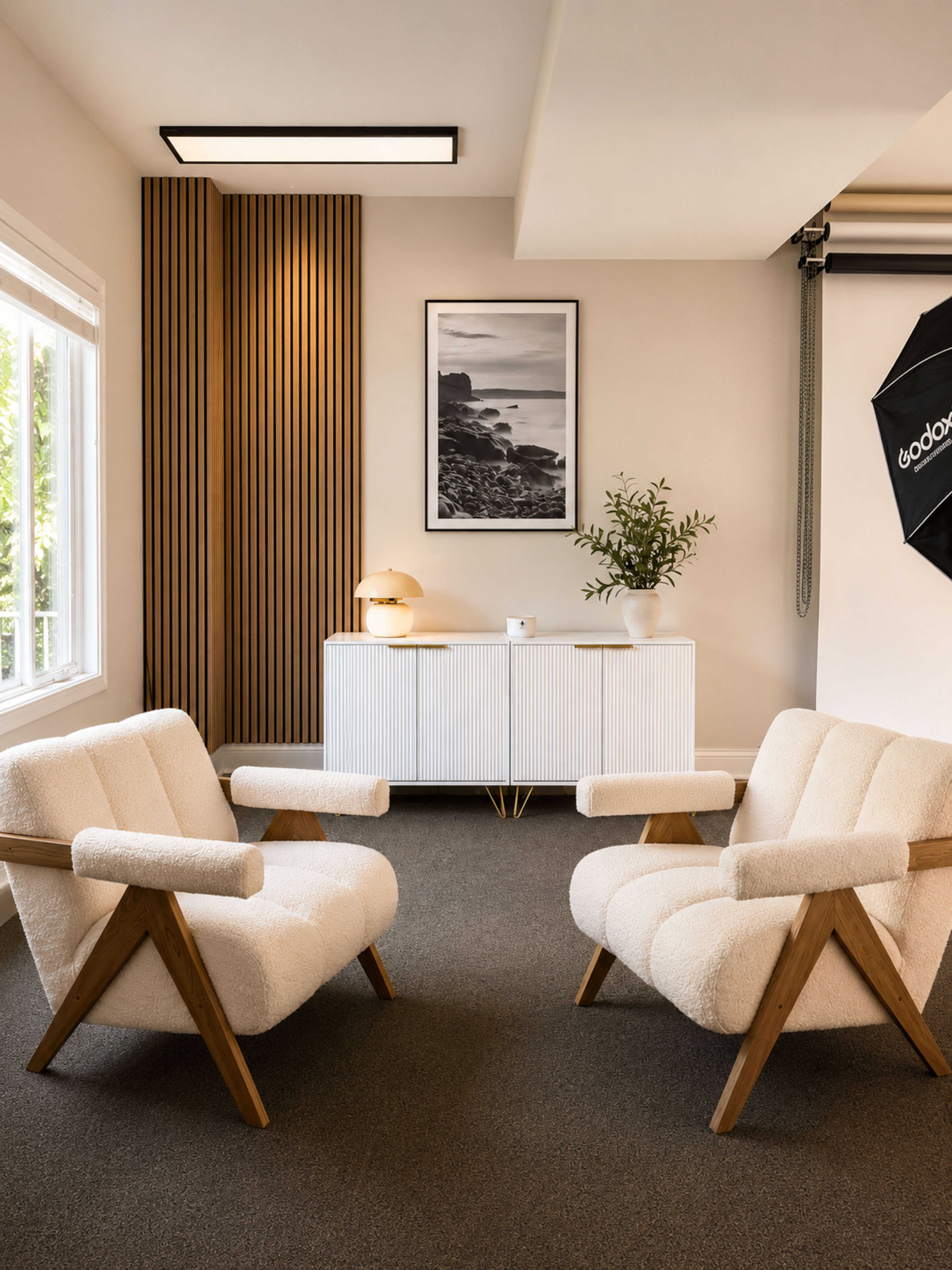 Two upholstered armchairs with wooden frames are positioned opposite each other in a minimalist room featuring a cabinet, artwork, and a plant.