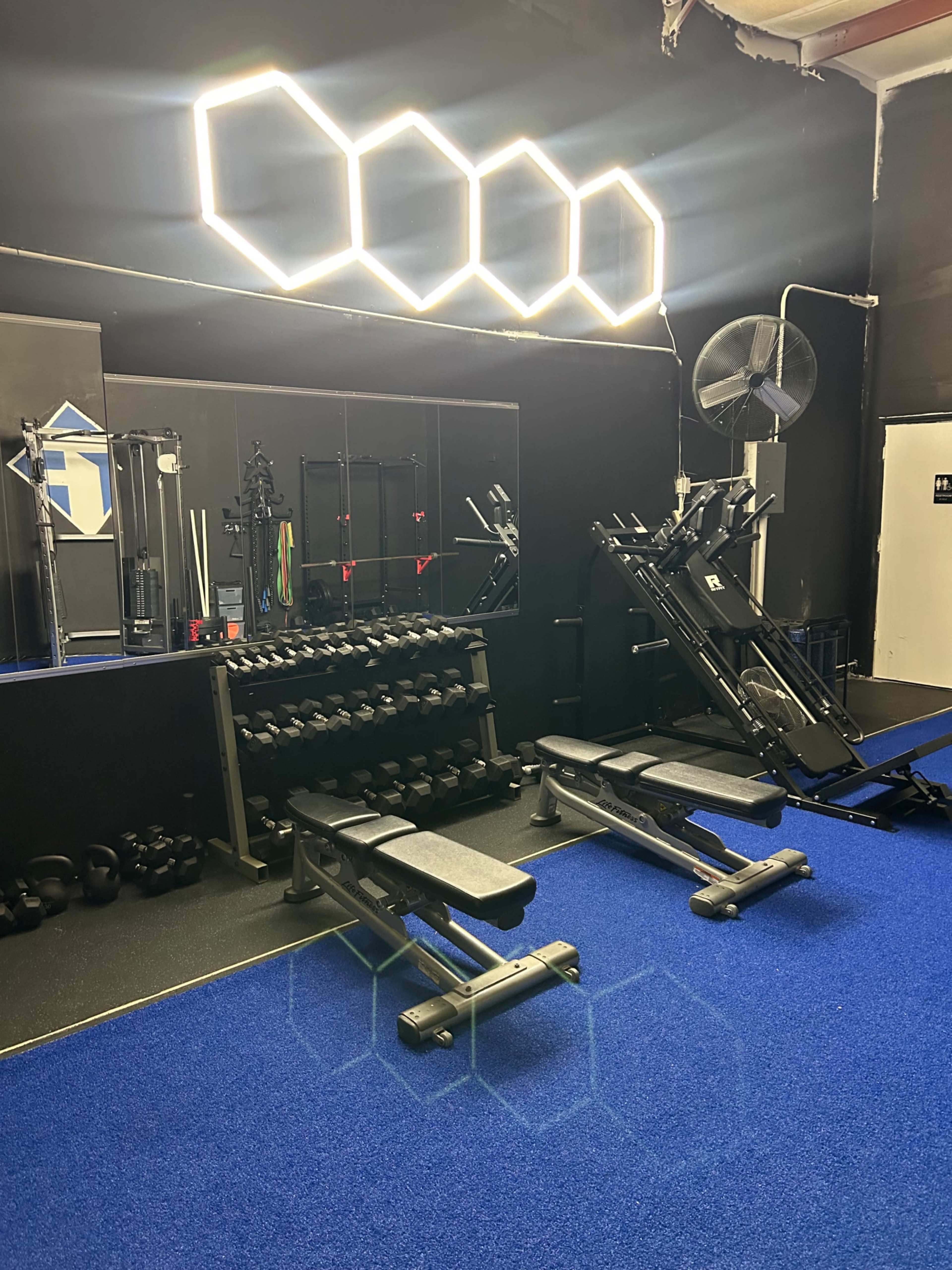 The image shows a gym interior featuring weight training equipment, including dumbbells and benches, with blue flooring and illuminated hexagonal light fixtures above.