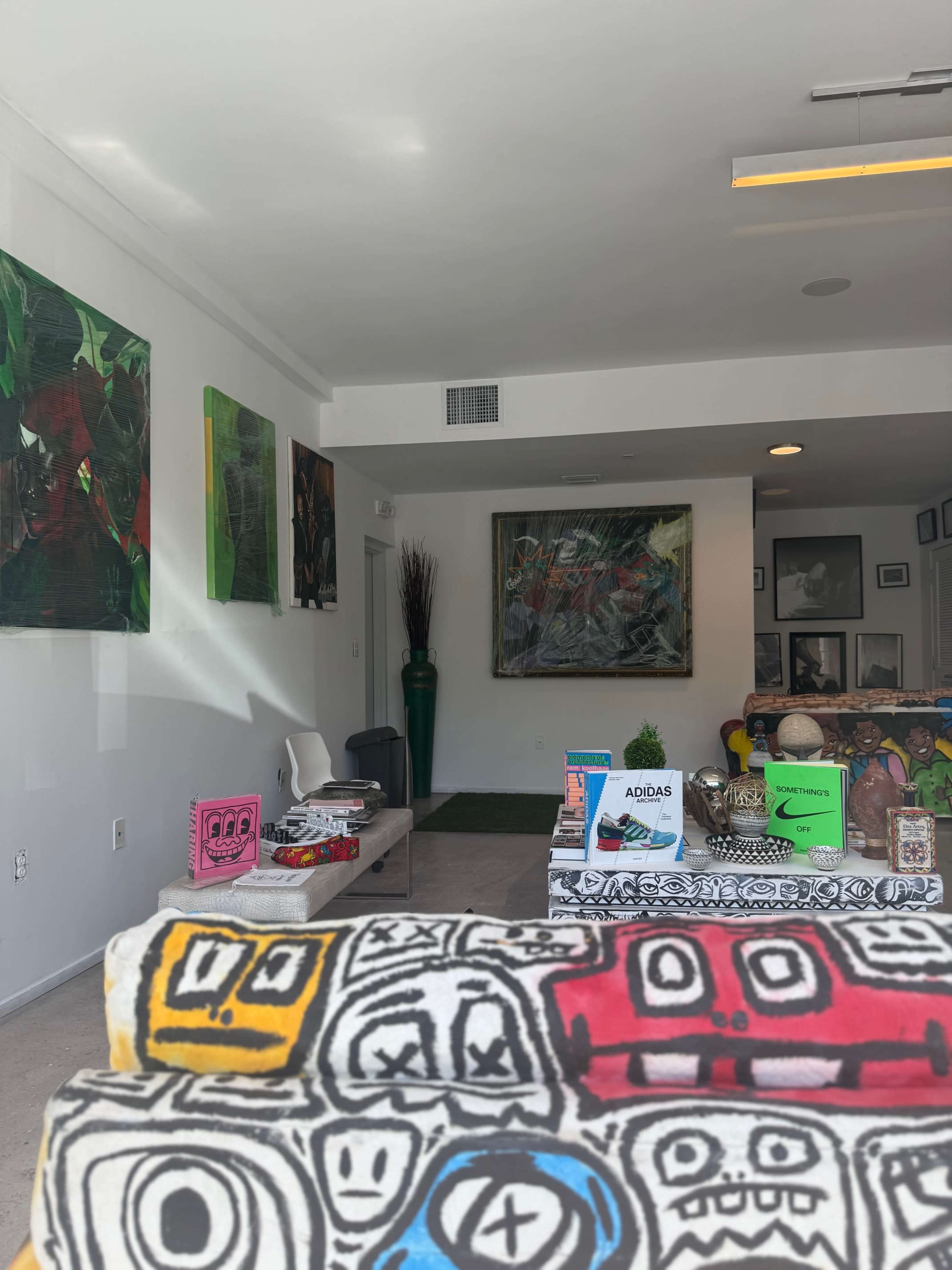 The image shows an art-filled room with colorful wall paintings, a green plant, and various books and decorative items on a coffee table.