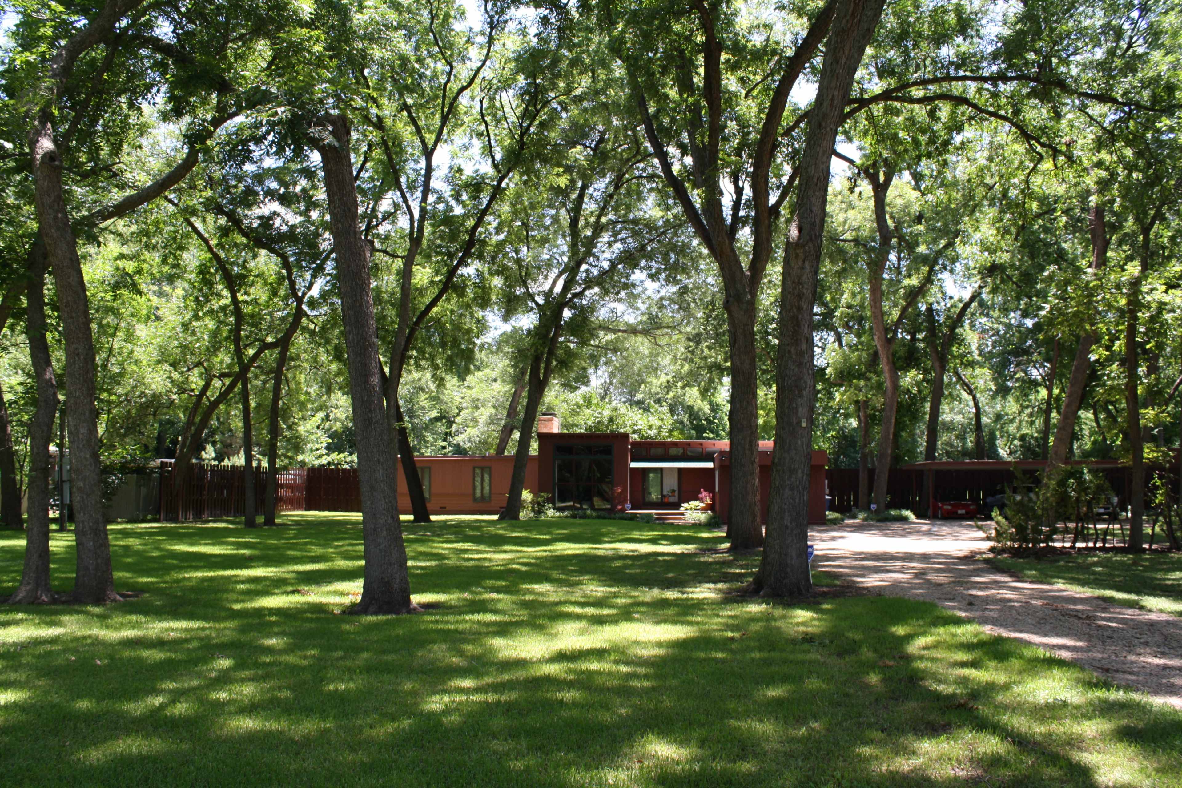 A modern house is surrounded by tall trees and a green lawn, with a gravel pathway leading to the entrance.