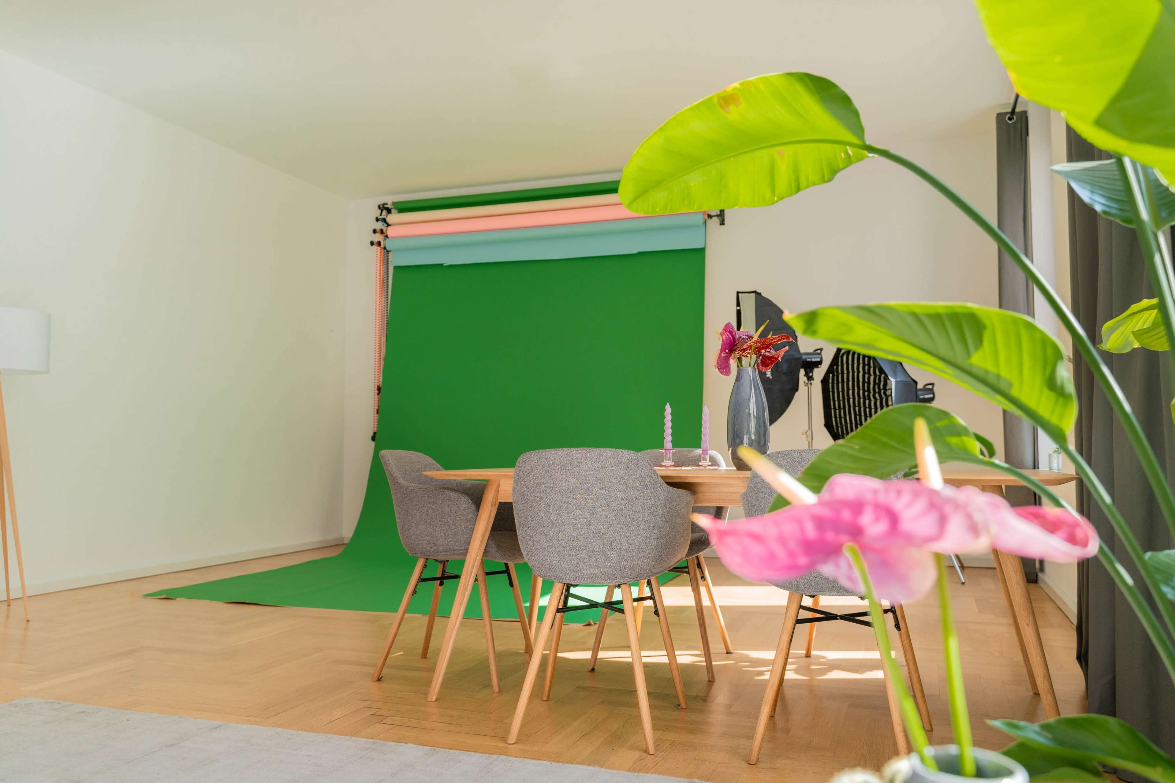 A dining area features a wooden table surrounded by gray chairs, with a green backdrop set up in the background and plants in the foreground.