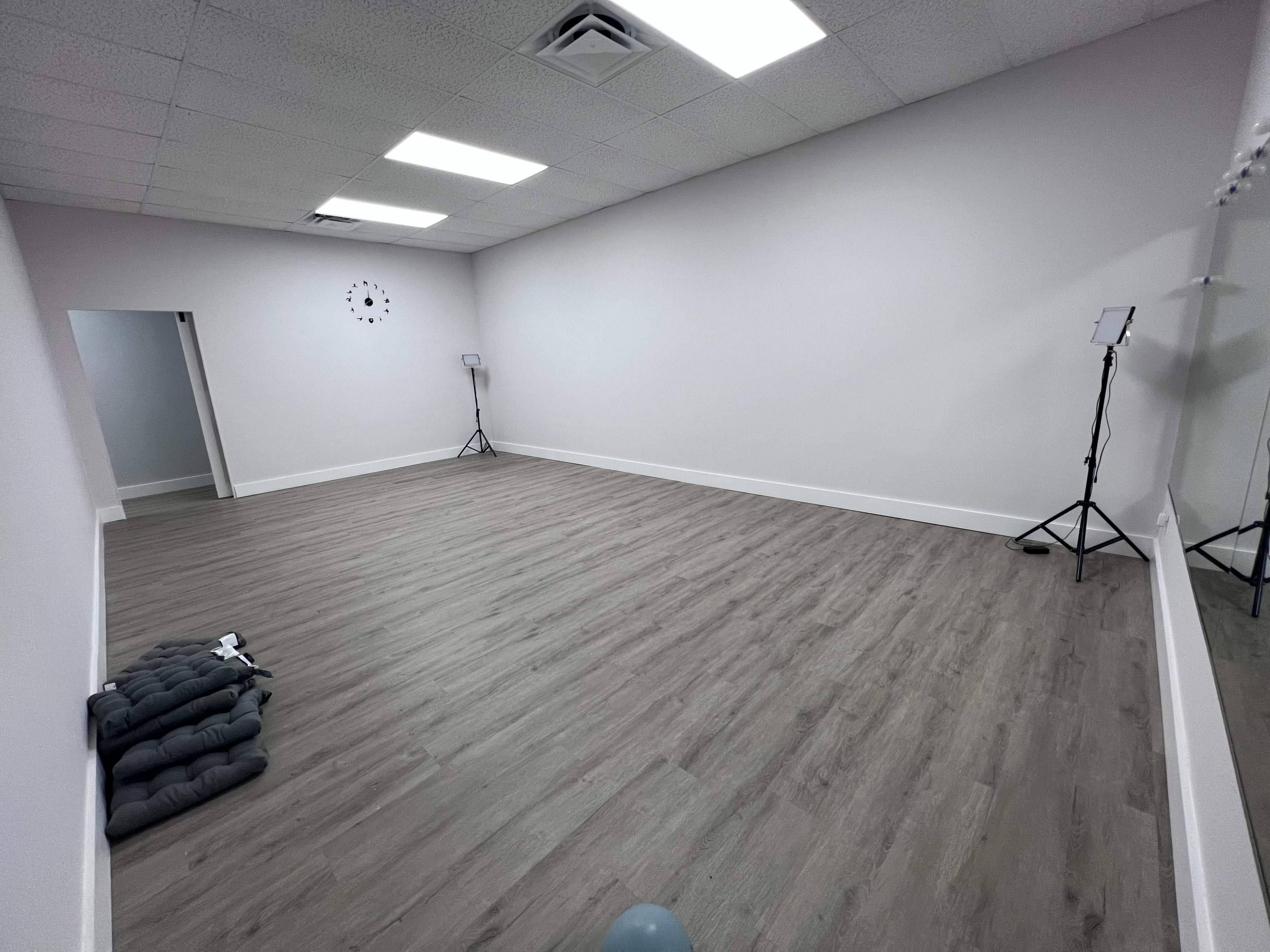 A spacious, empty room with light gray walls, a hardwood floor, and a large mirror on one side.