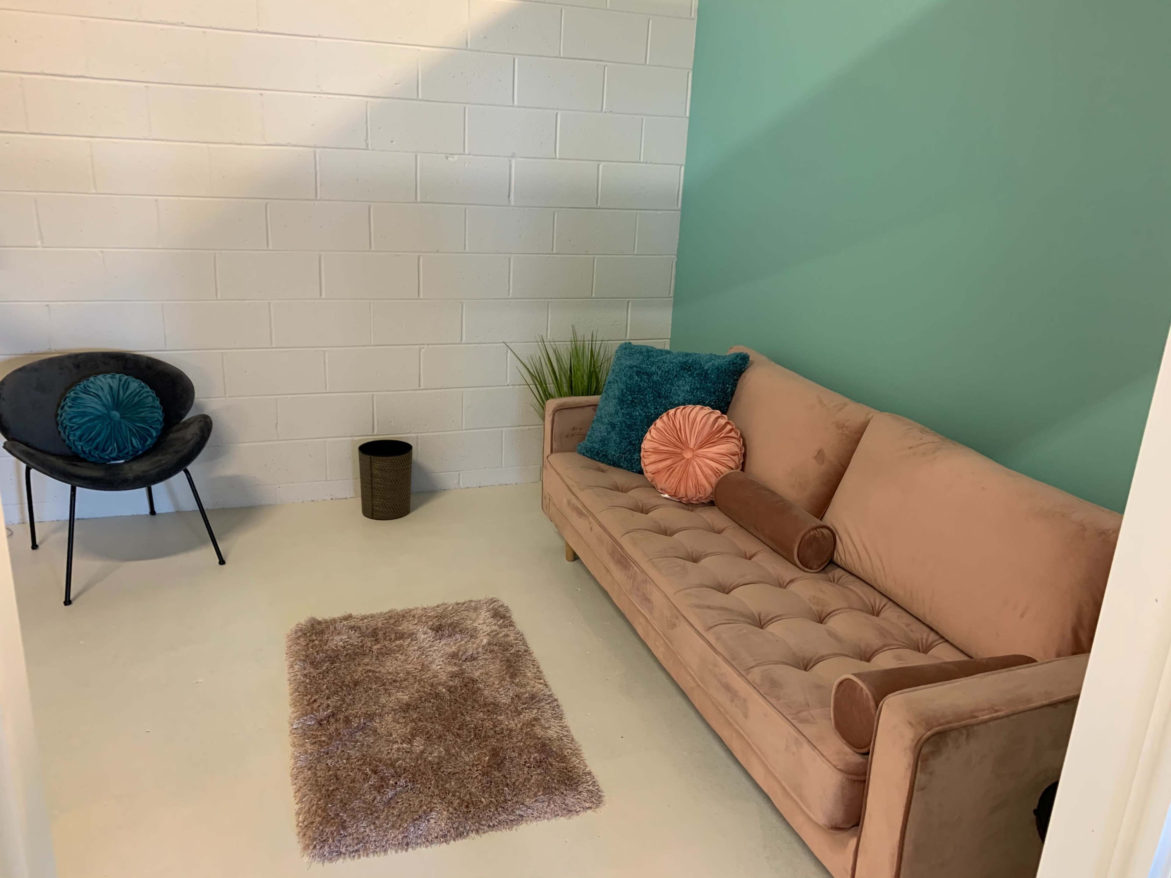 A small, minimally furnished room featuring a beige sofa with decorative pillows, a black chair, a plant, and a rug on the floor.