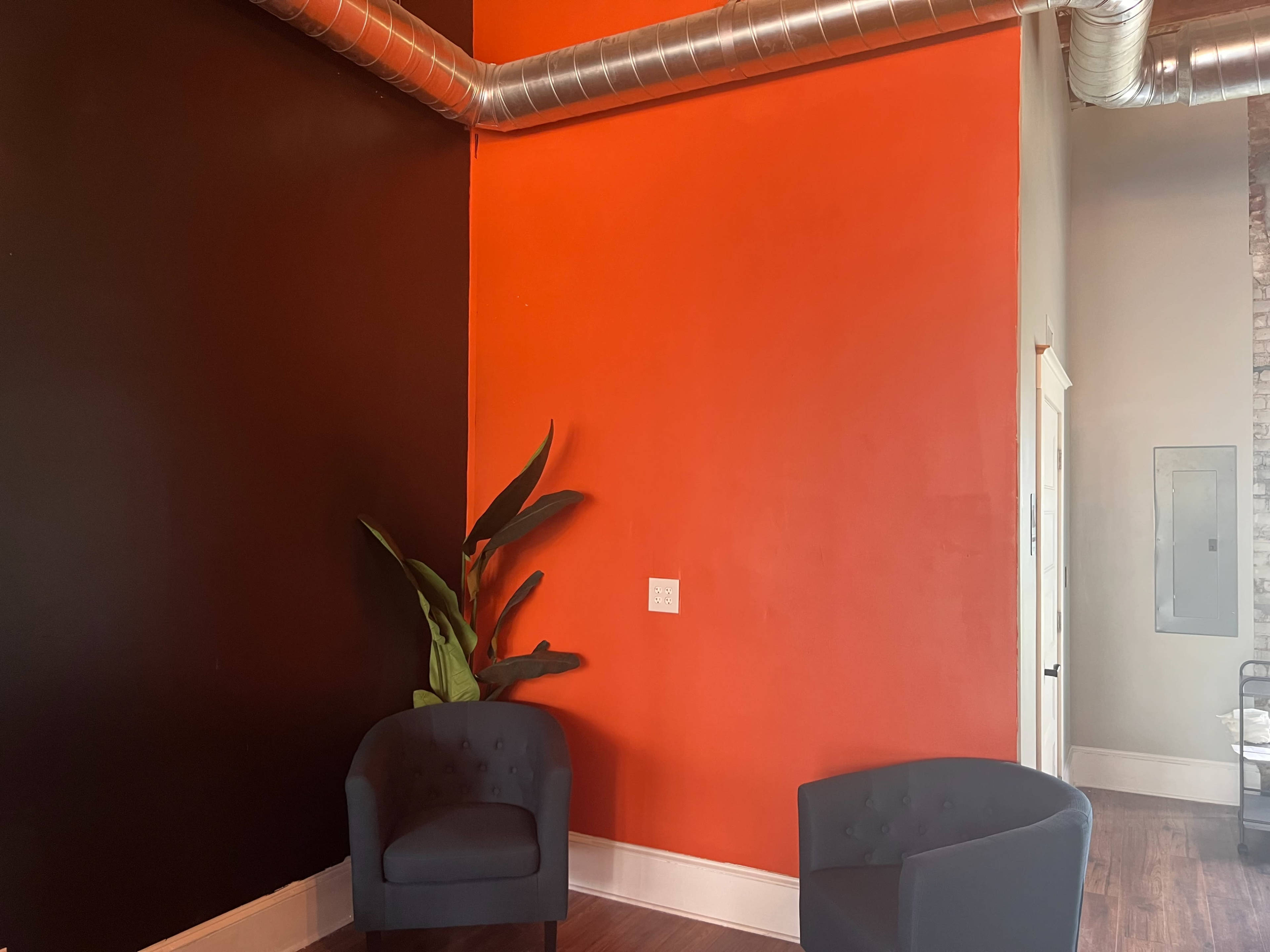 A corner of a room featuring an orange wall and a black wall, with two gray chairs and a green plant near the orange wall.
