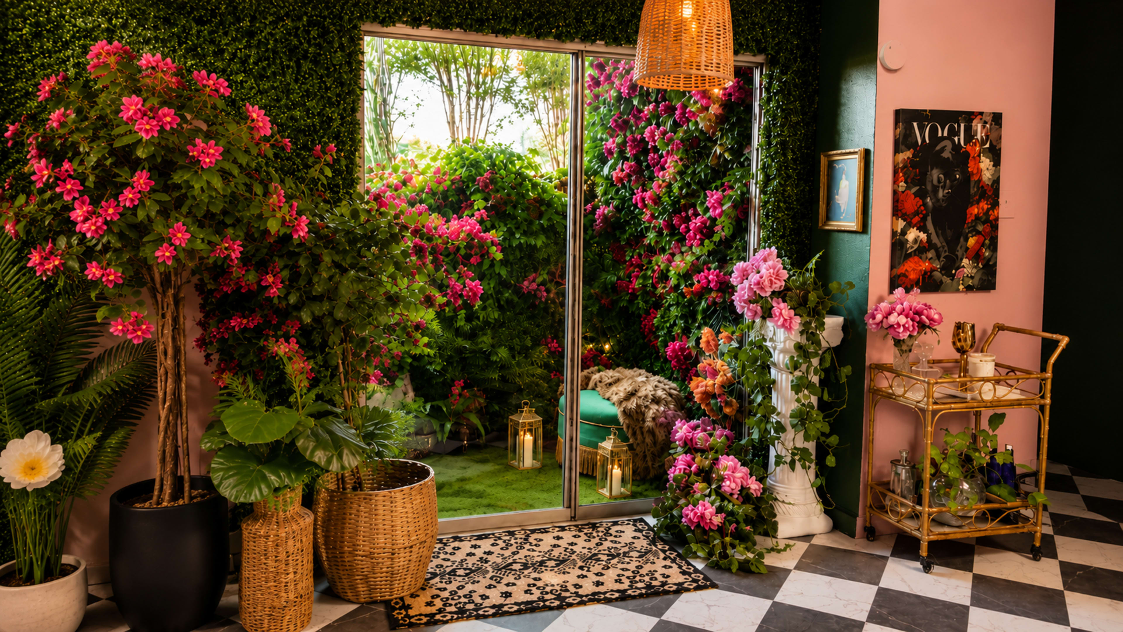 The image features a vibrant indoor space adorned with blooming flowers, potted plants, and decorative items, creating a serene garden-like atmosphere.