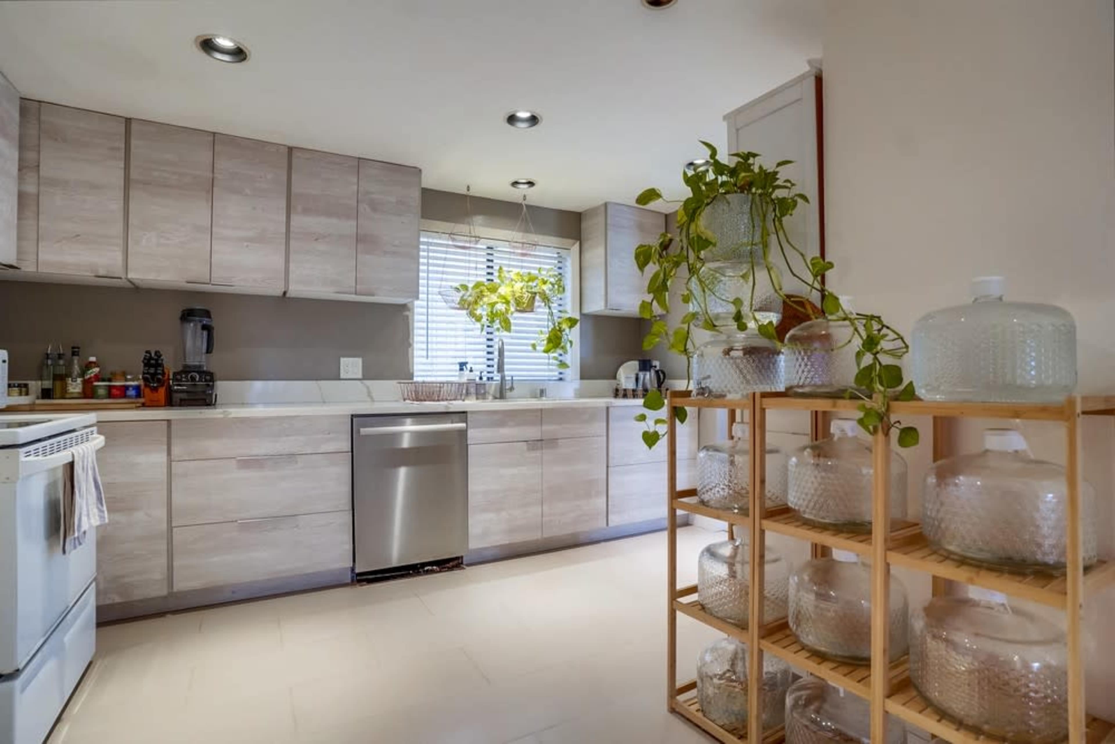 A modern kitchen with light wood cabinetry, a window with potted plants, and glass storage jars on a wooden shelf.