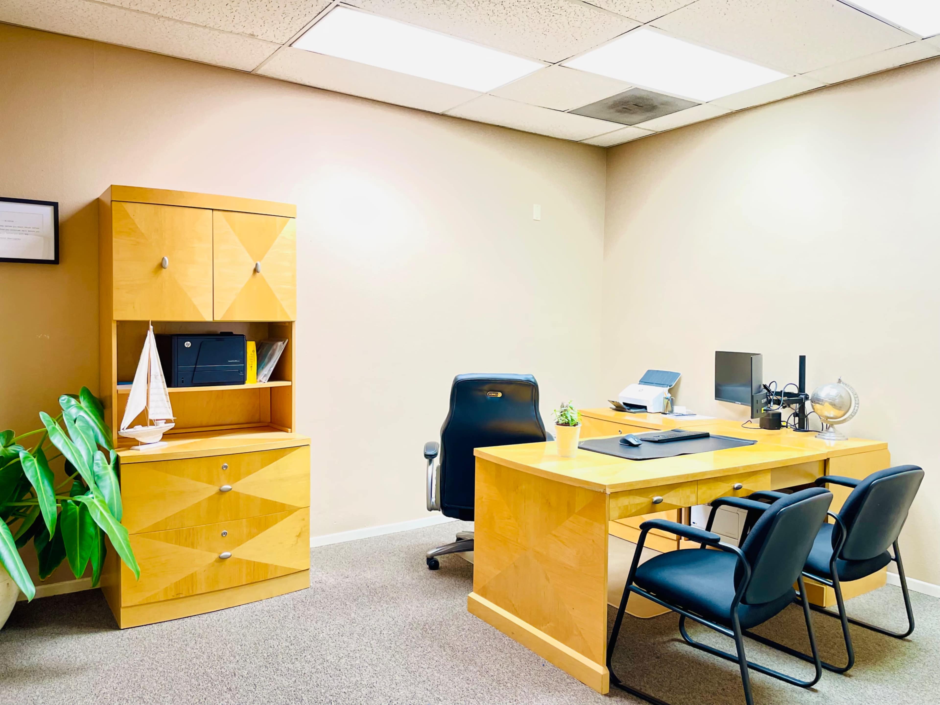 The image shows a minimalist office with a wooden desk, two chairs, a shelving unit, a computer, and a potted plant.
