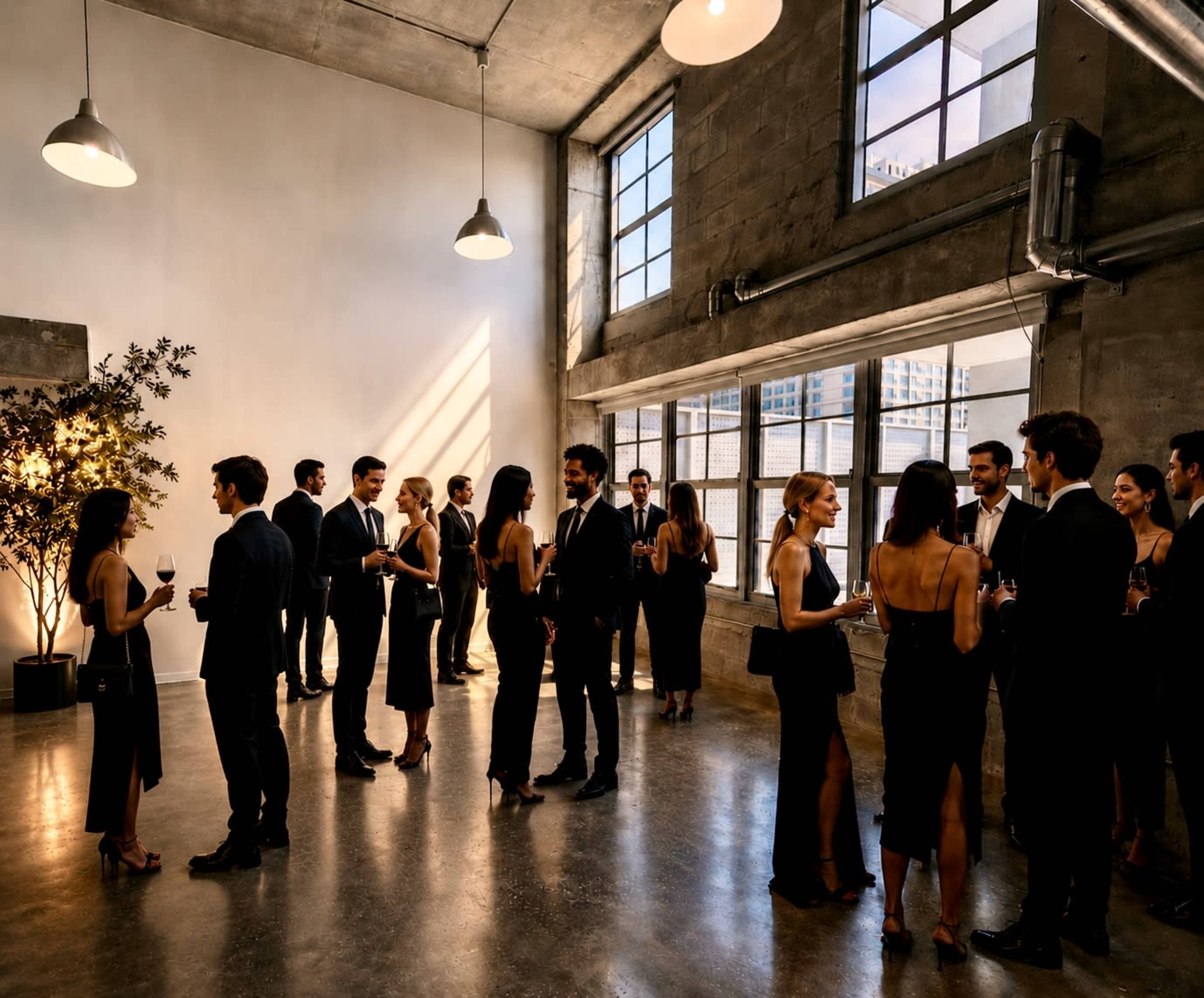 A group of elegantly dressed individuals socialize and hold drinks in a well-lit, modern event space with large windows.