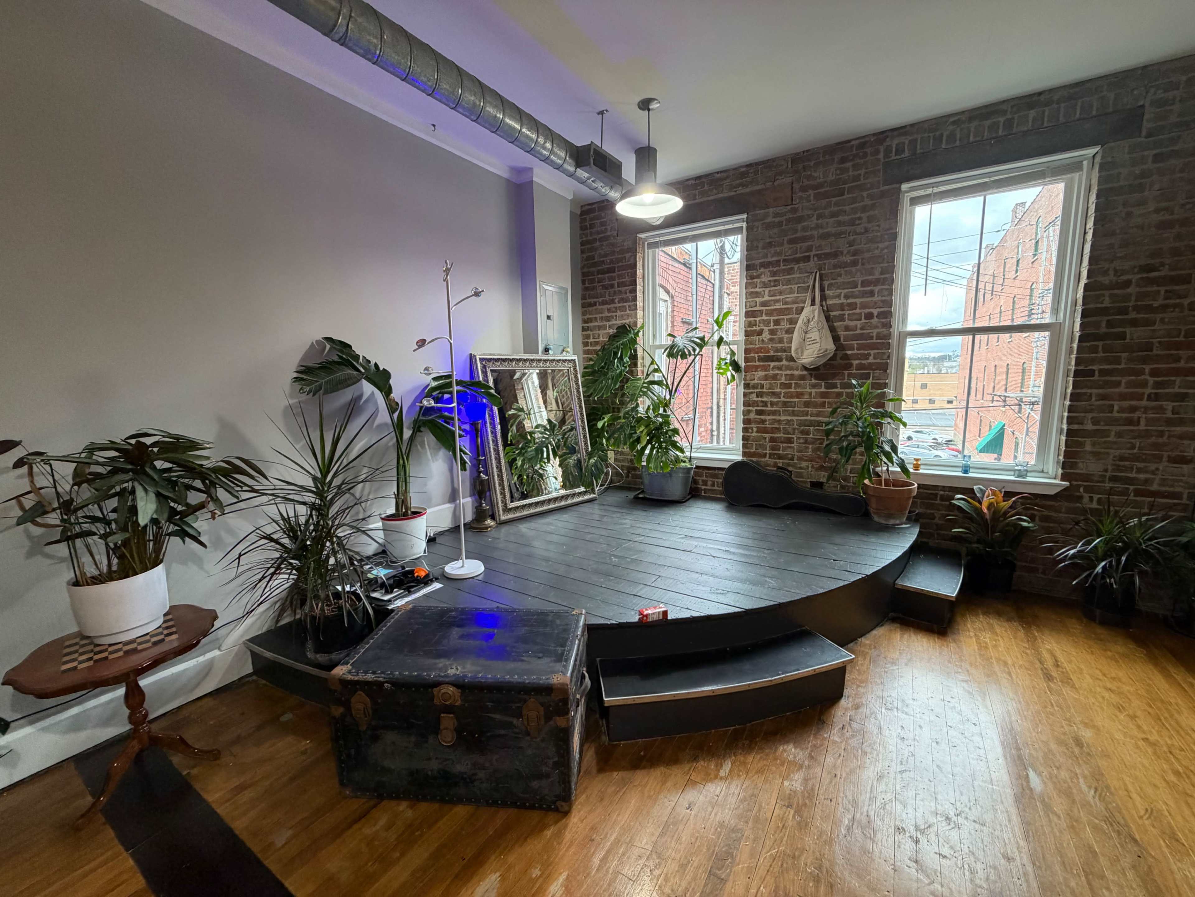 The image shows a room with a wooden floor, a sunken circular platform, several potted plants, a mirror, and windows revealing an outdoor view.