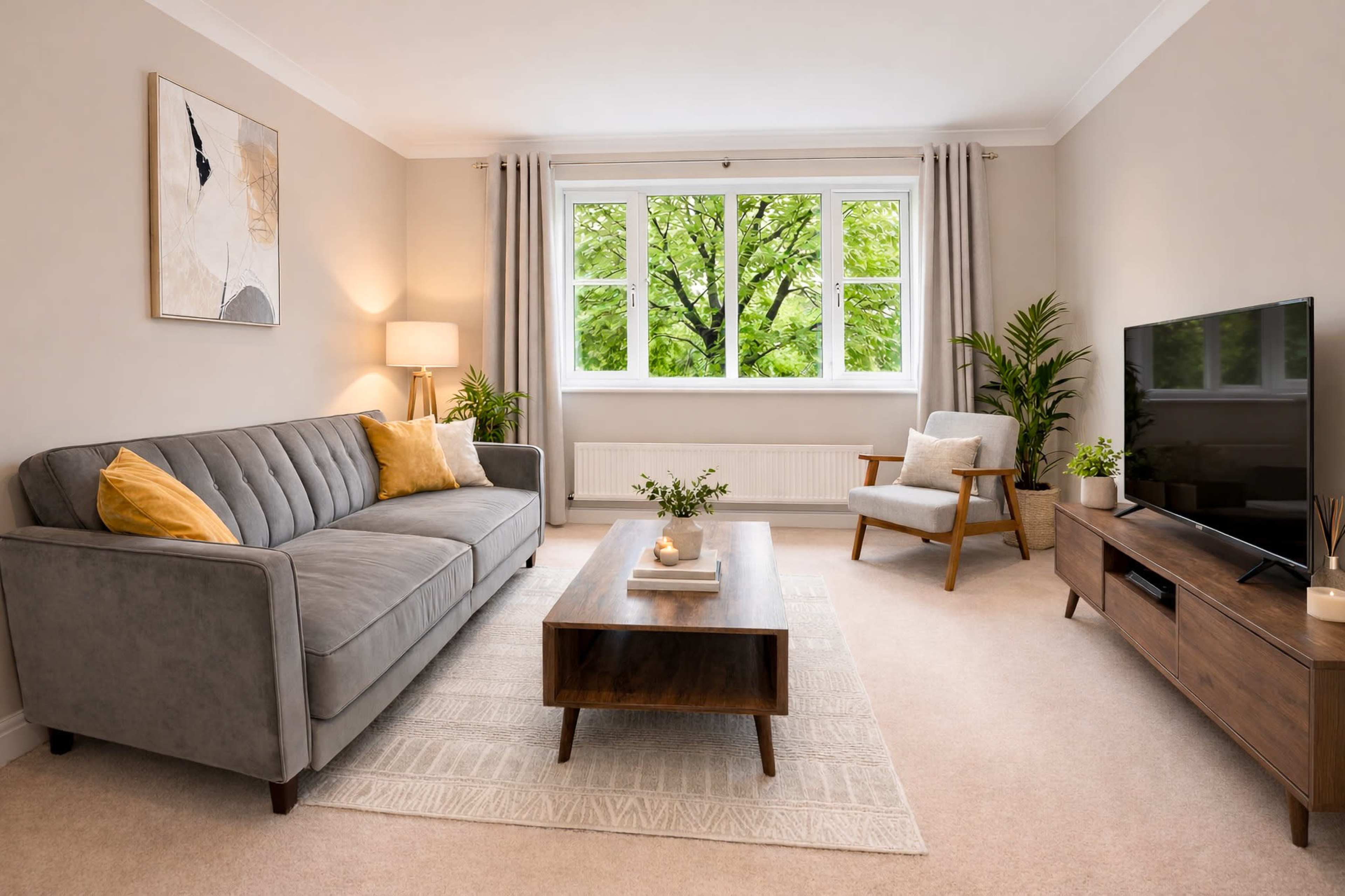 The living room features a gray sofa, a wooden coffee table, a television on a console, and large windows that provide views of greenery outside.