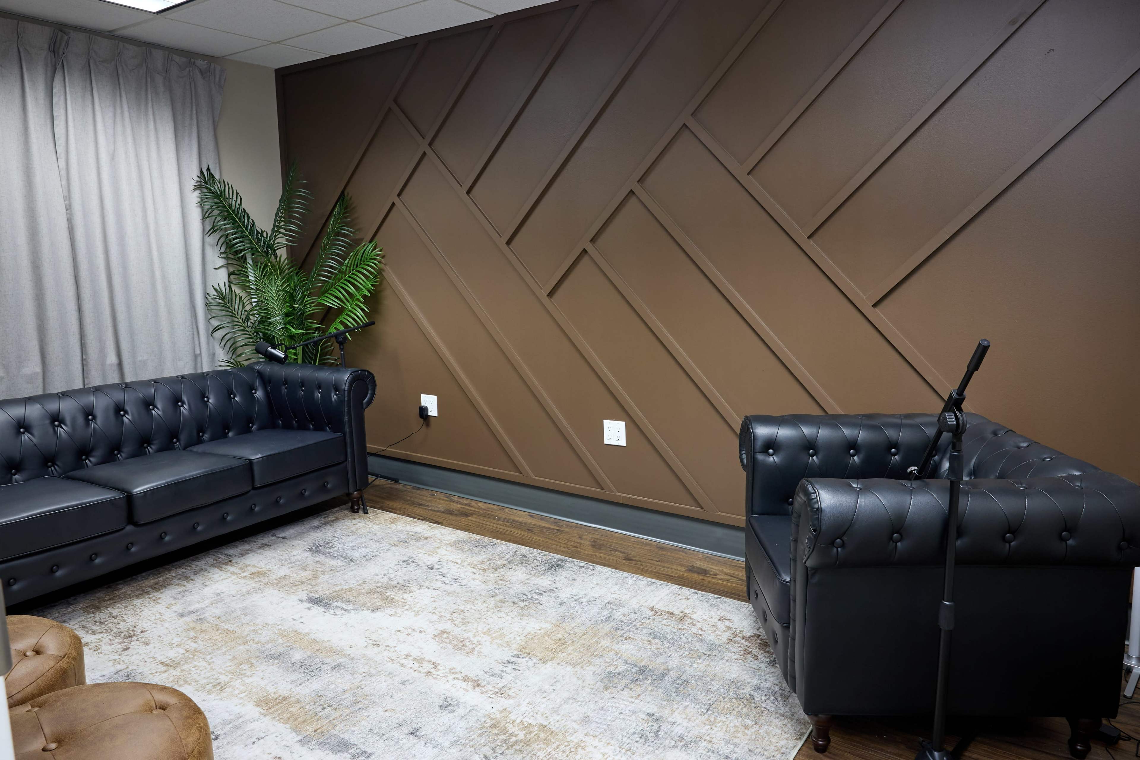 The image shows a room with two black leather tufted sofas facing each other, a light-colored patterned rug on wooden flooring, and a potted plant next to a brown paneled accent wall.