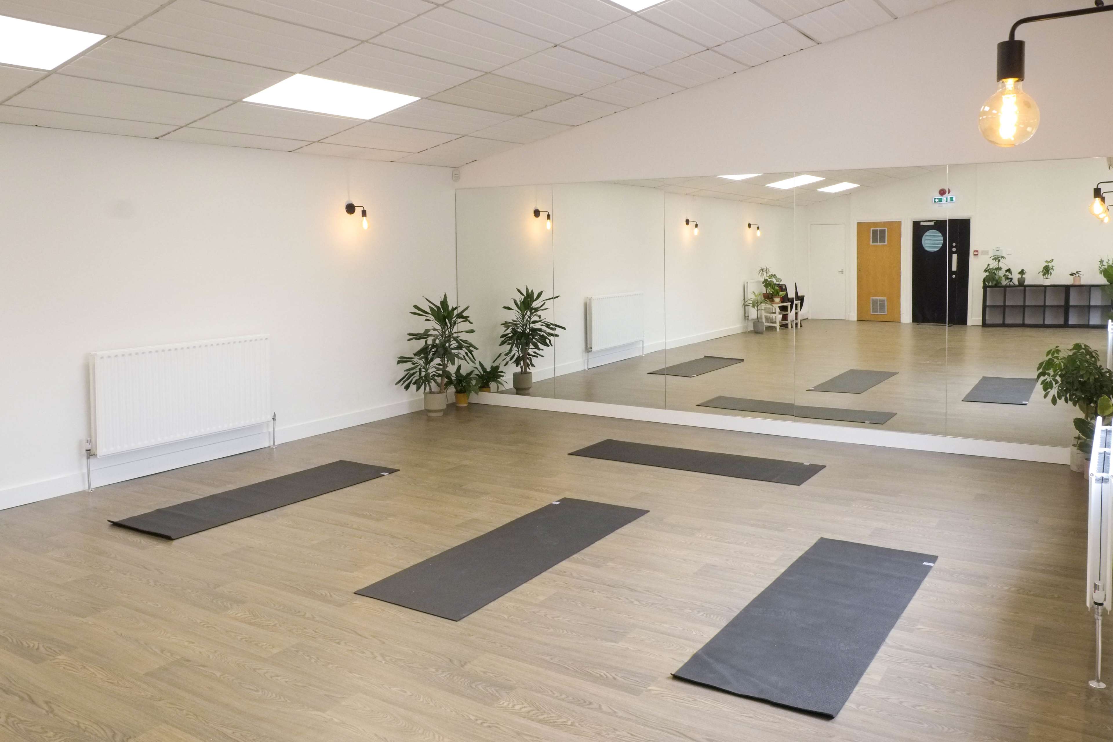 A spacious yoga studio features mirrored walls, several yoga mats on the wooden floor, and potted plants in the corners.