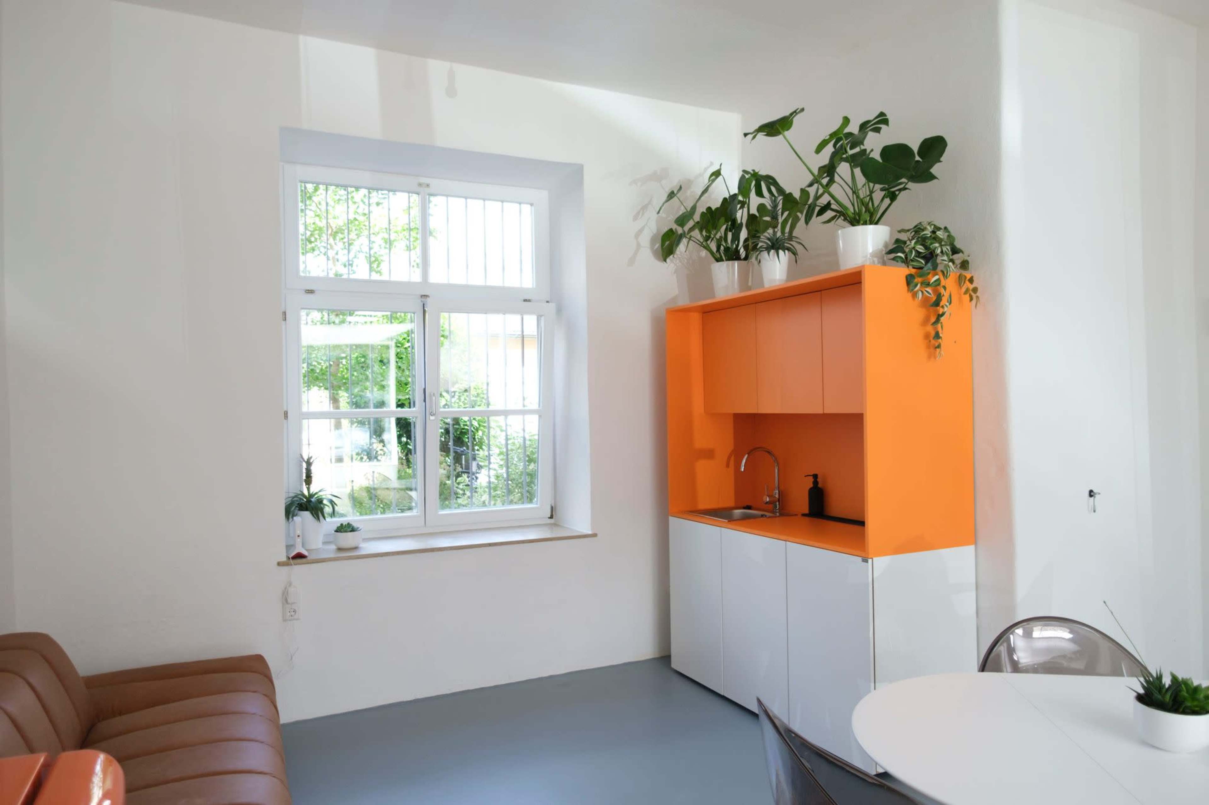 The image shows a modern kitchen area with an orange cabinet, a sink, and several potted plants placed on top, alongside a window that provides natural light.