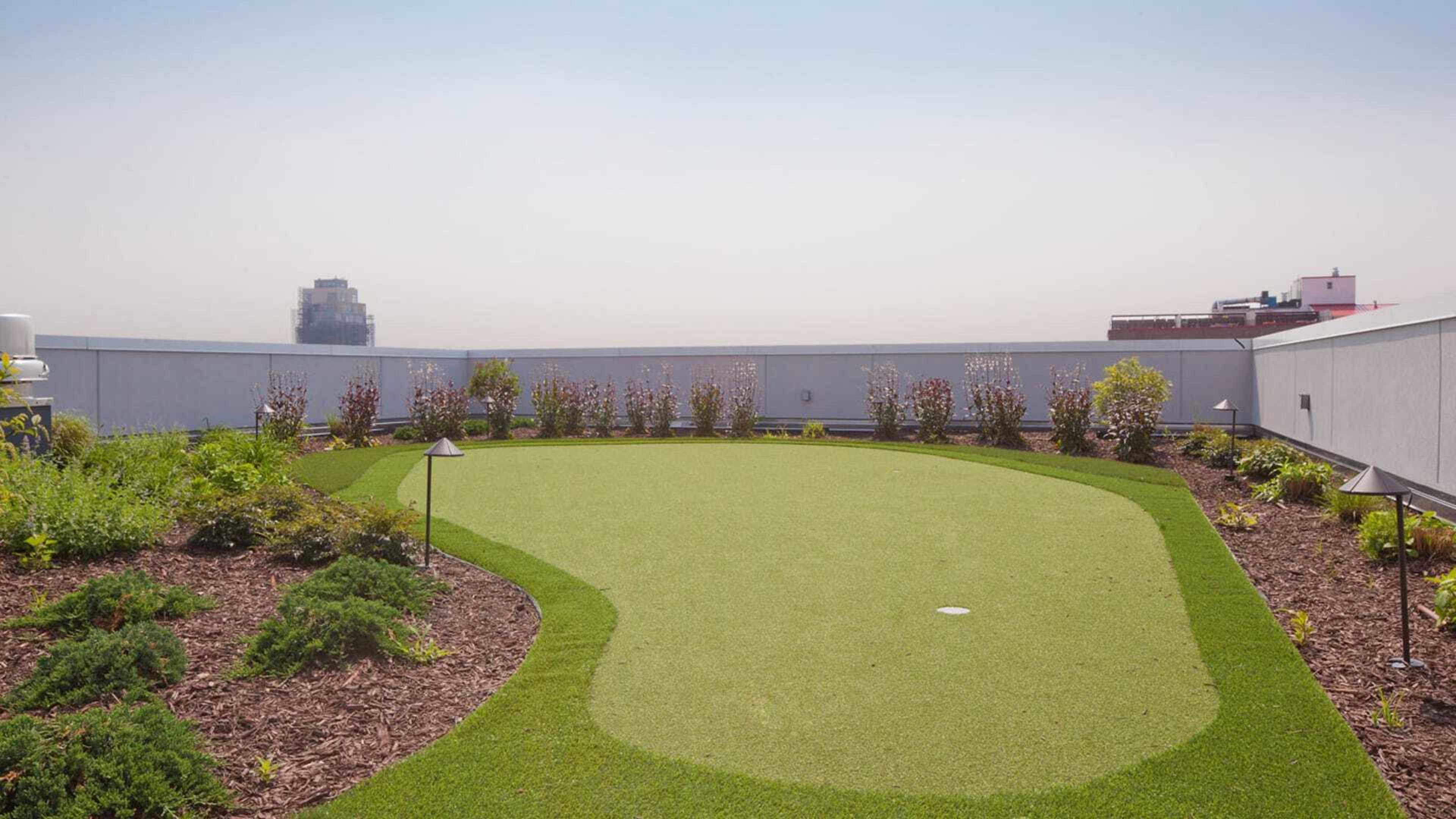 A rooftop garden featuring a green lawn area surrounded by low shrubs and decorative landscape lighting.