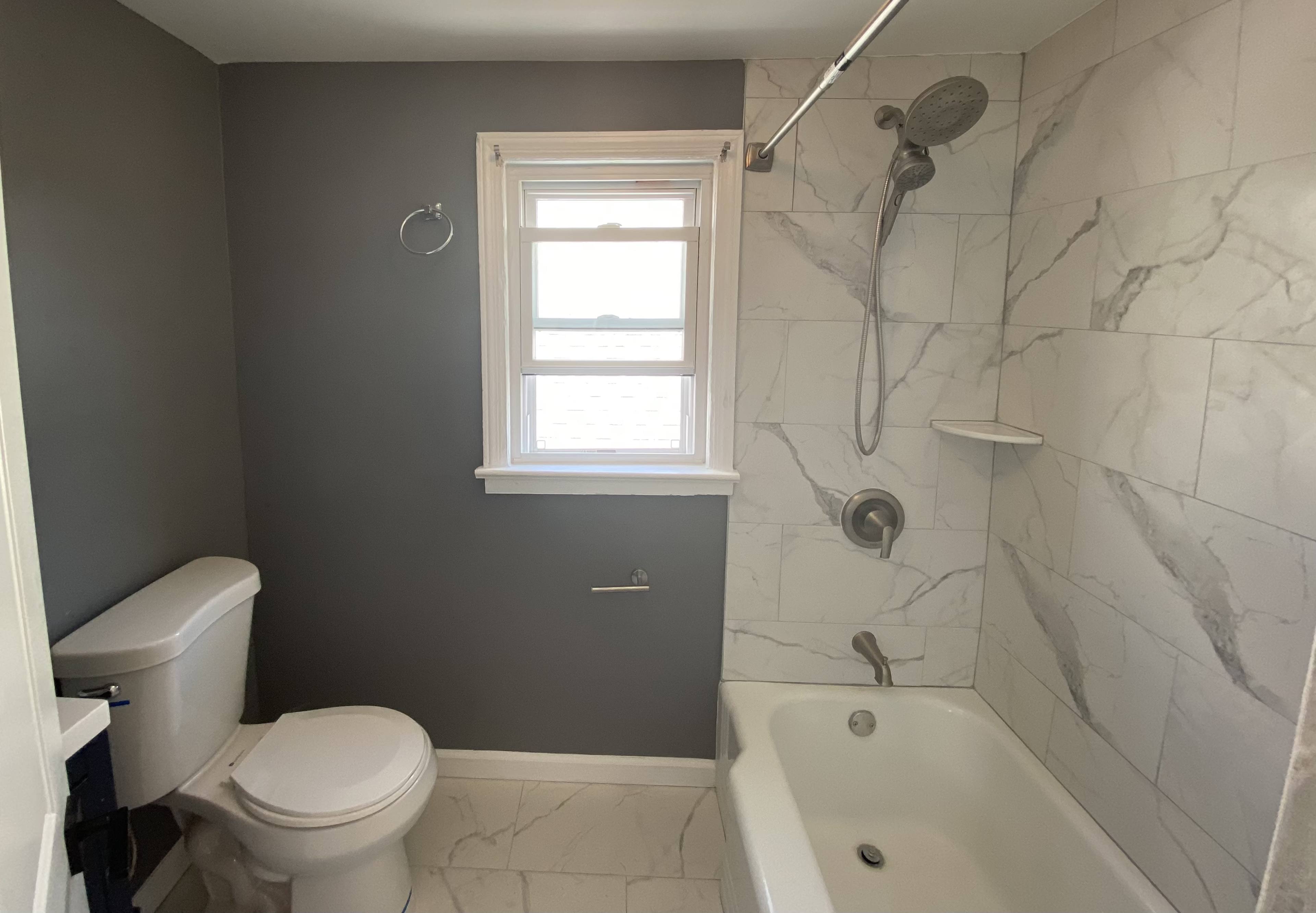 The image shows a bathroom with a shower, bathtub, toilet, and a window allowing natural light.