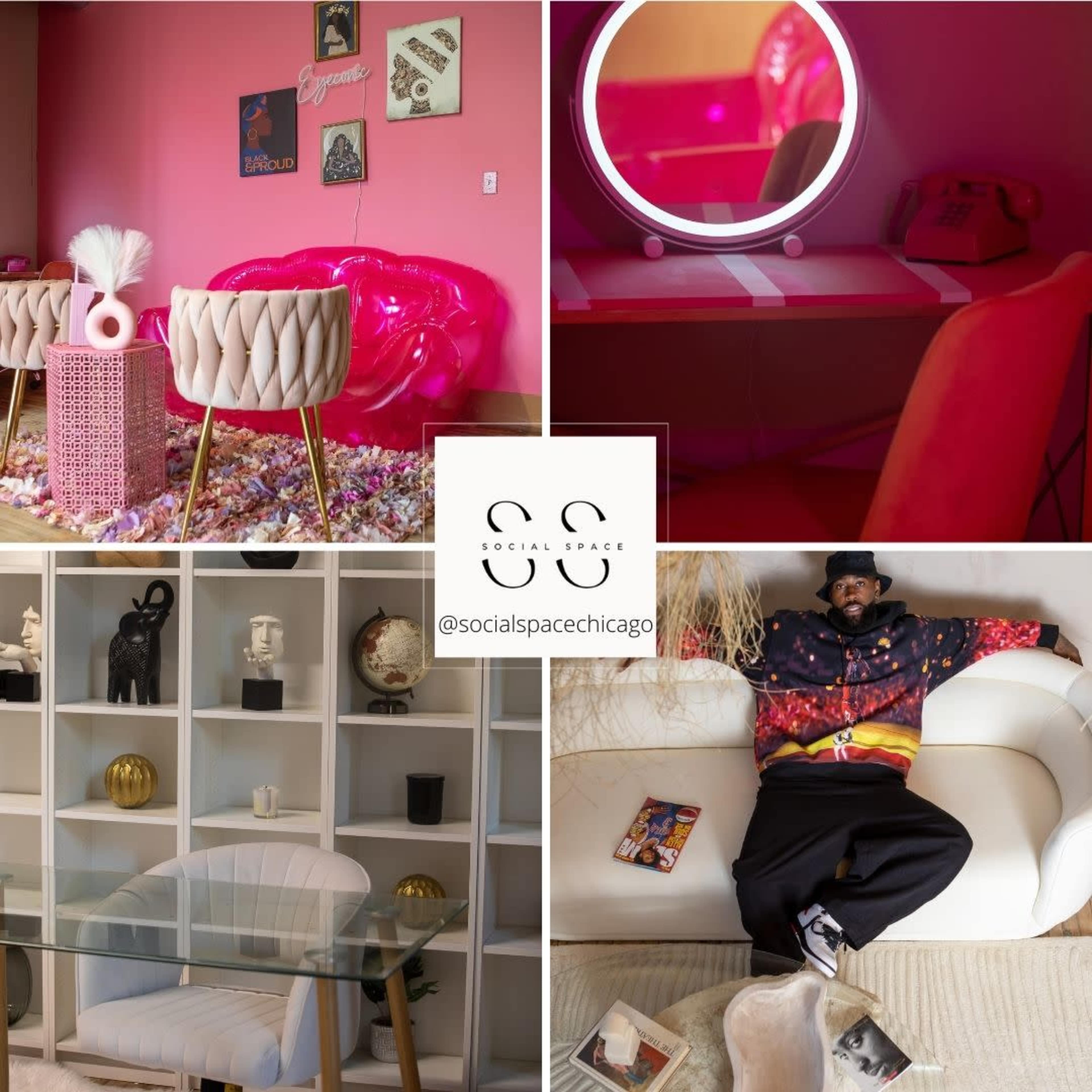 A vibrant interior with pink walls, a modern vanity mirror, plush seating, and a stylish man posing in a contemporary space filled with decorative items.