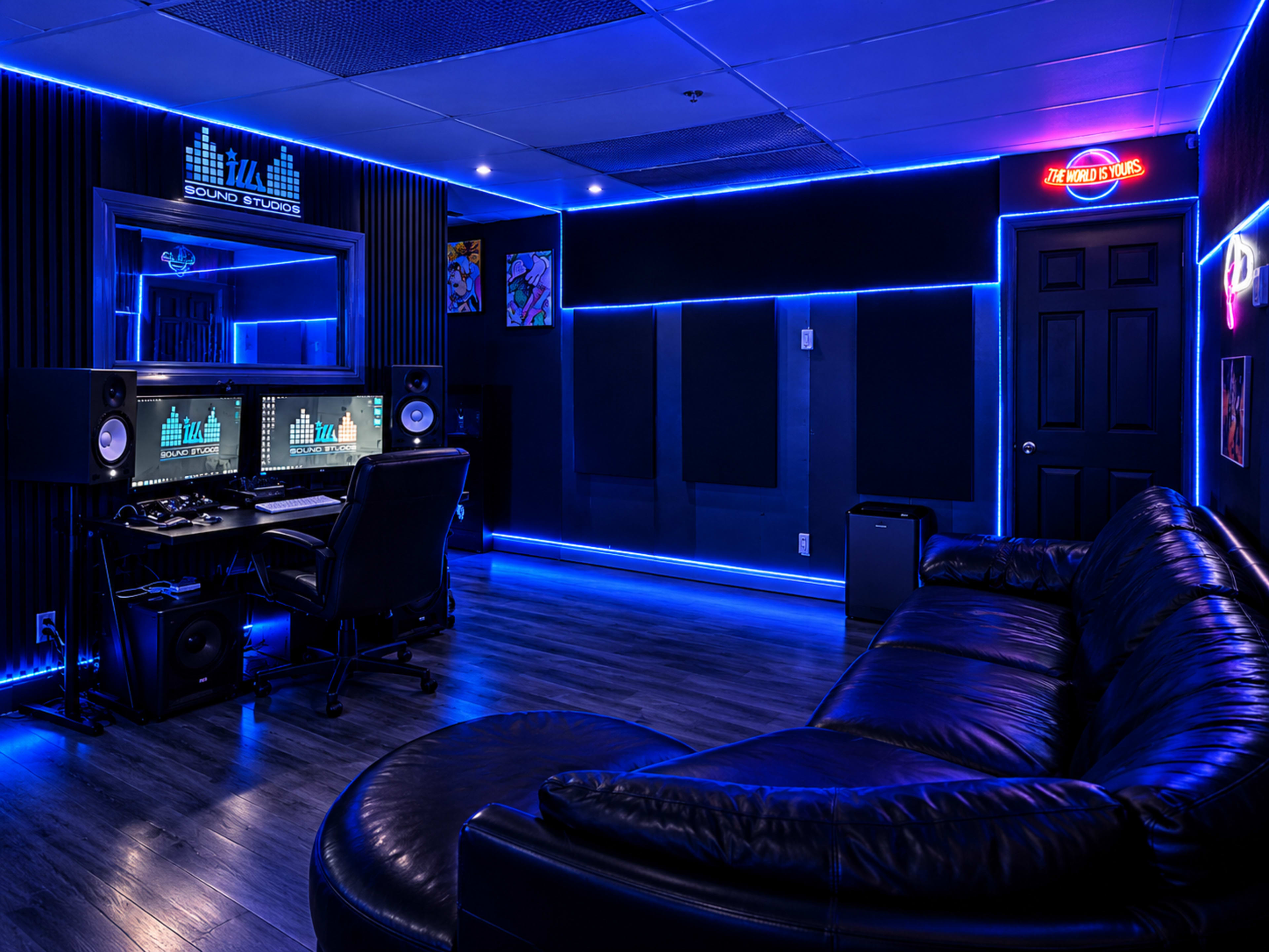 The image depicts a modern sound studio featuring two computer monitors, a black leather couch, and blue LED lighting along the walls.