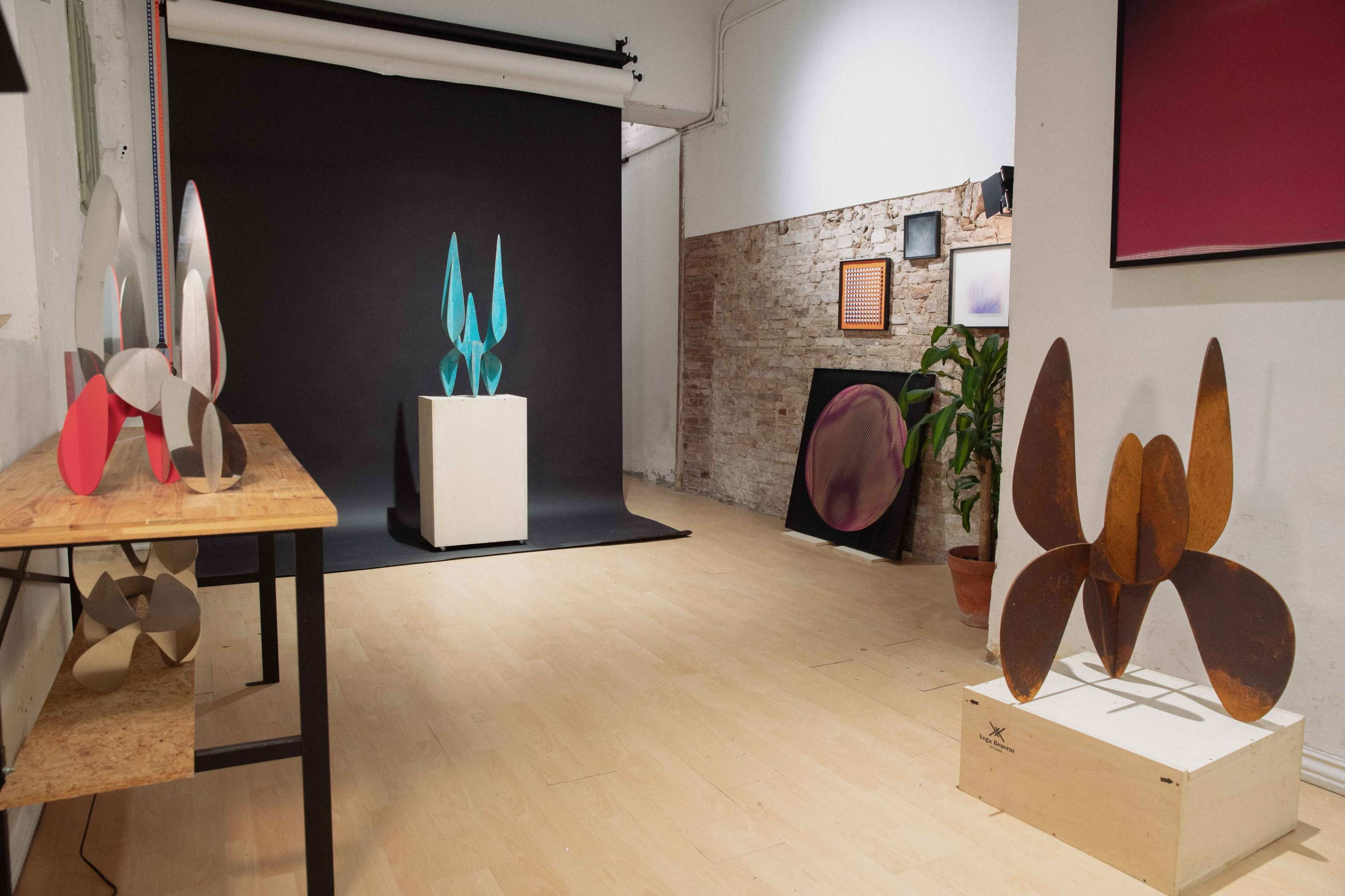 The image shows an art gallery featuring several abstract sculptures in various colors displayed against a textured wall and a black backdrop.