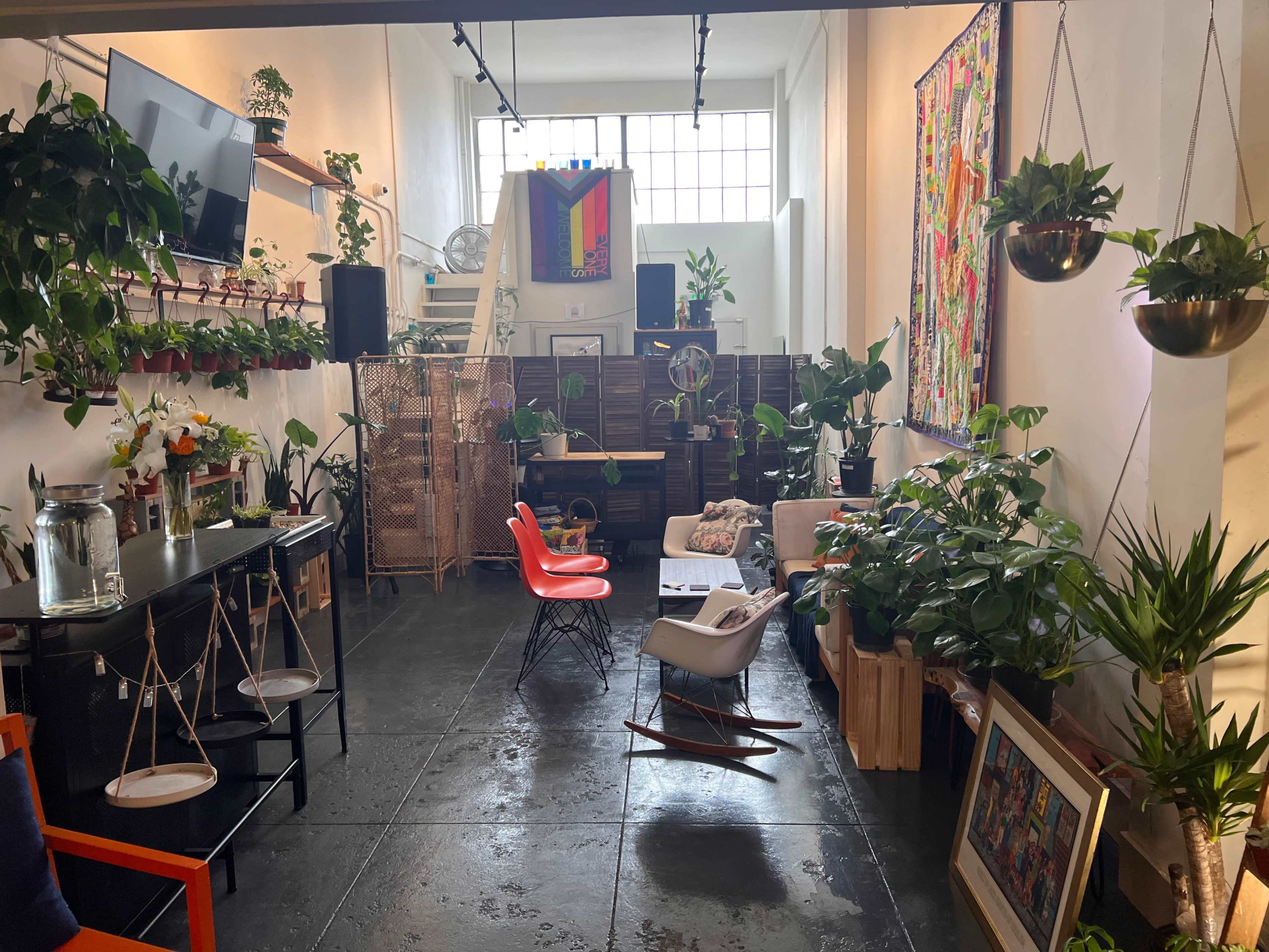 A room filled with various plants, featuring seating areas with distinct chairs, a television, and decorative wall art.