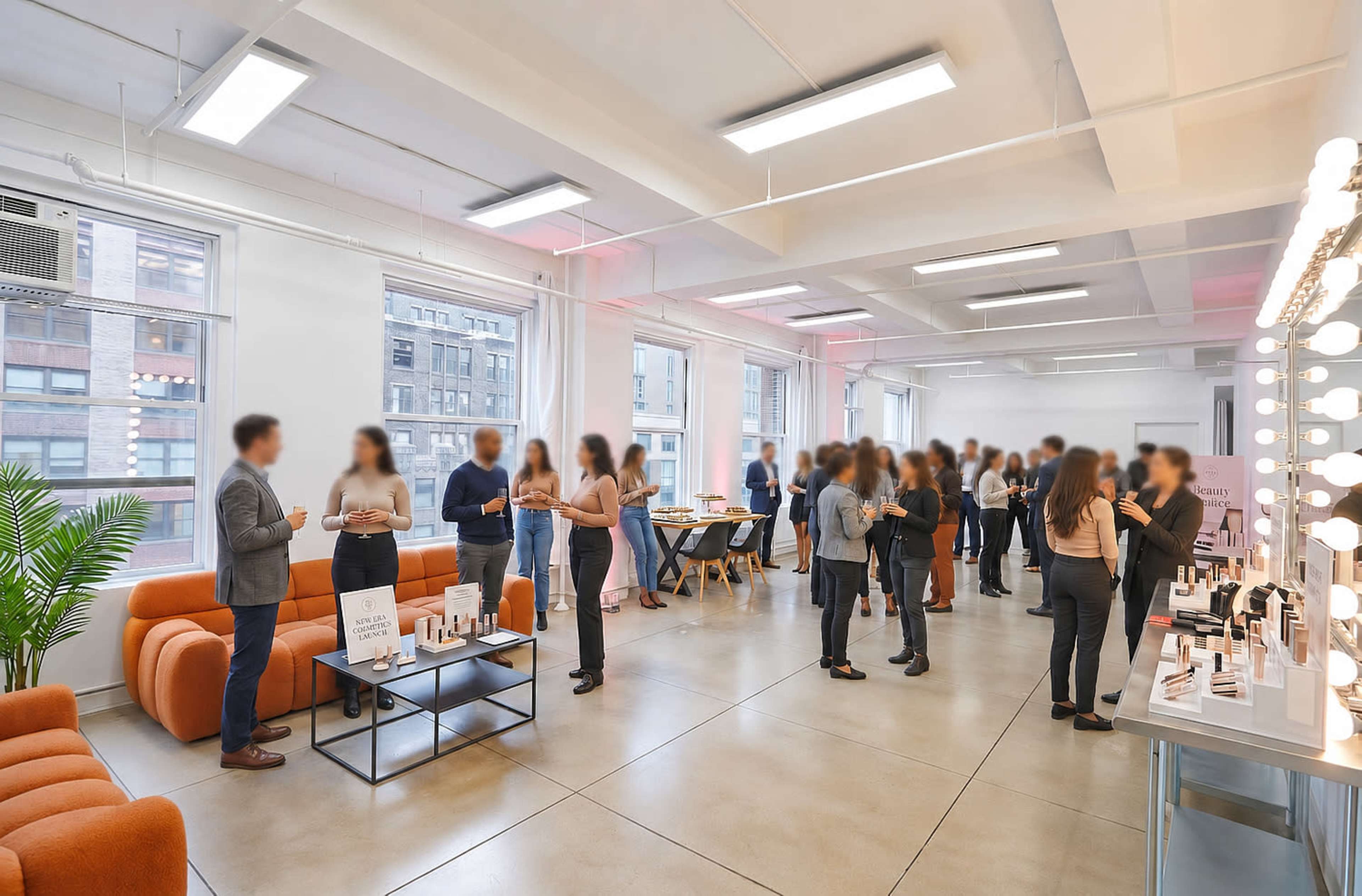 The image shows a modern event space with people socializing, seated on a couch, and several tables displaying products.