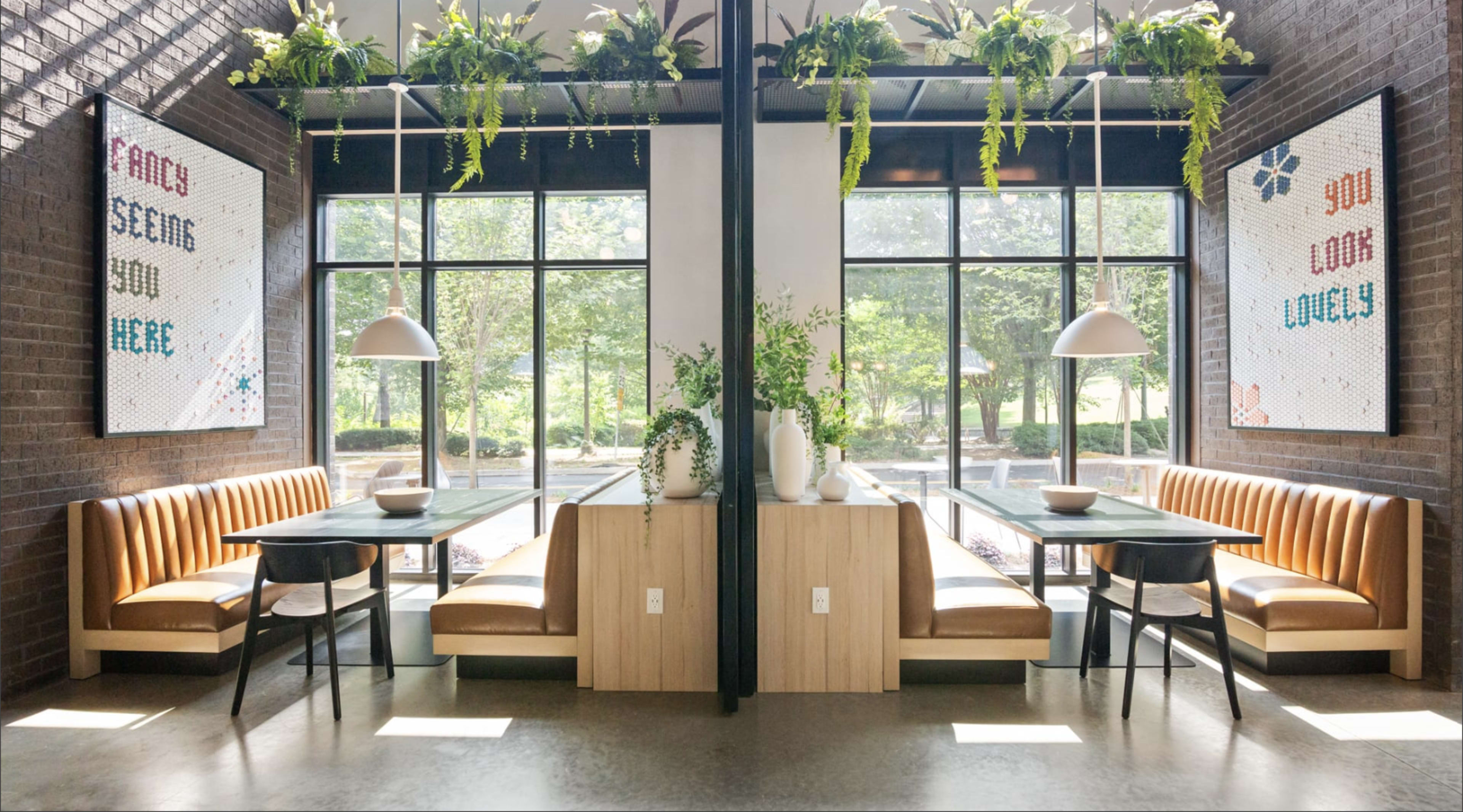 The image shows a modern café interior with large windows, wooden booths, and hanging plants, featuring colorful wall art that includes text.