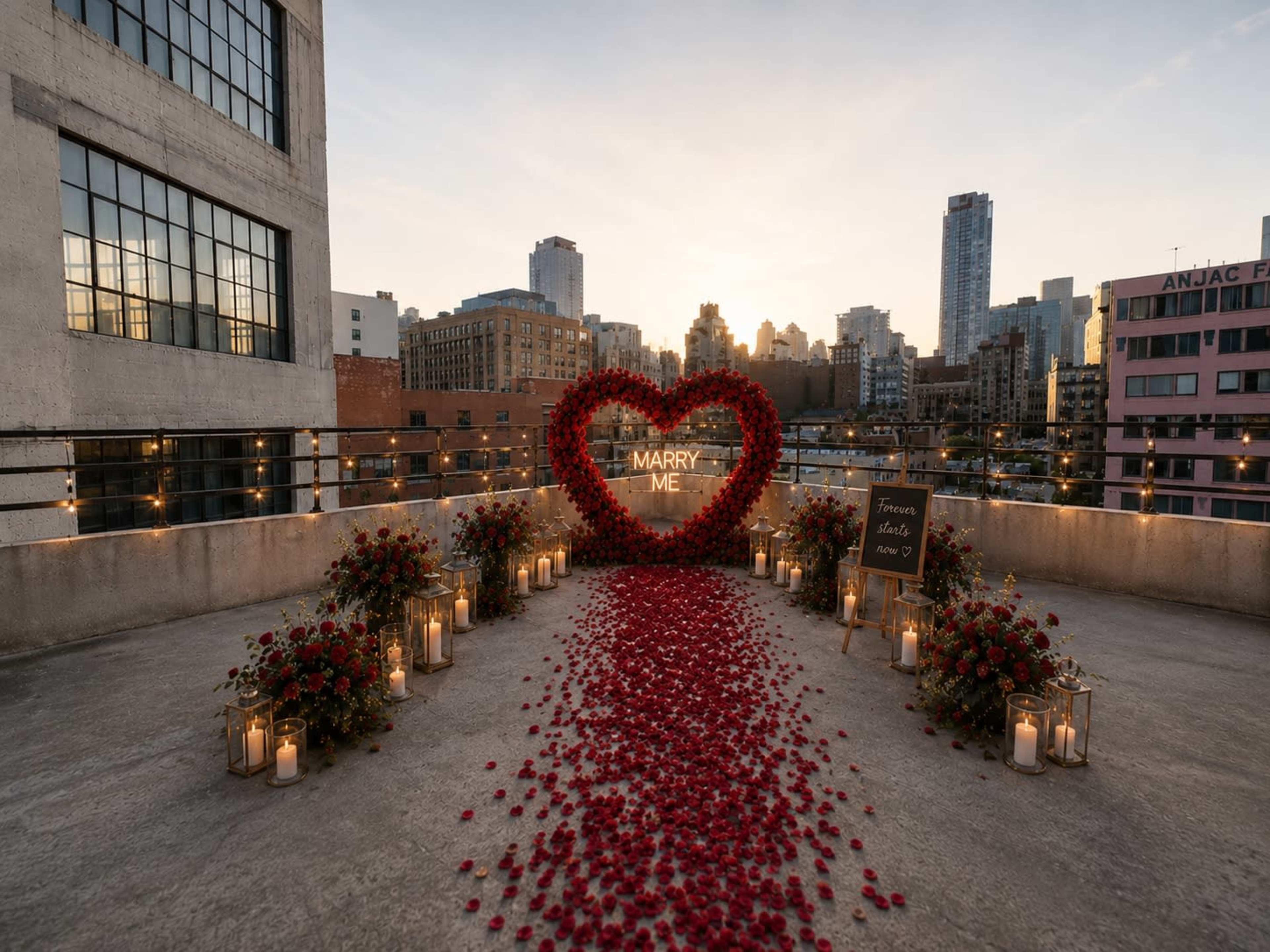 A rooftop terrace is decorated with a heart-shaped arrangement of flowers, candles, and a sign that reads "MARRY ME," set against a city skyline at sunset.