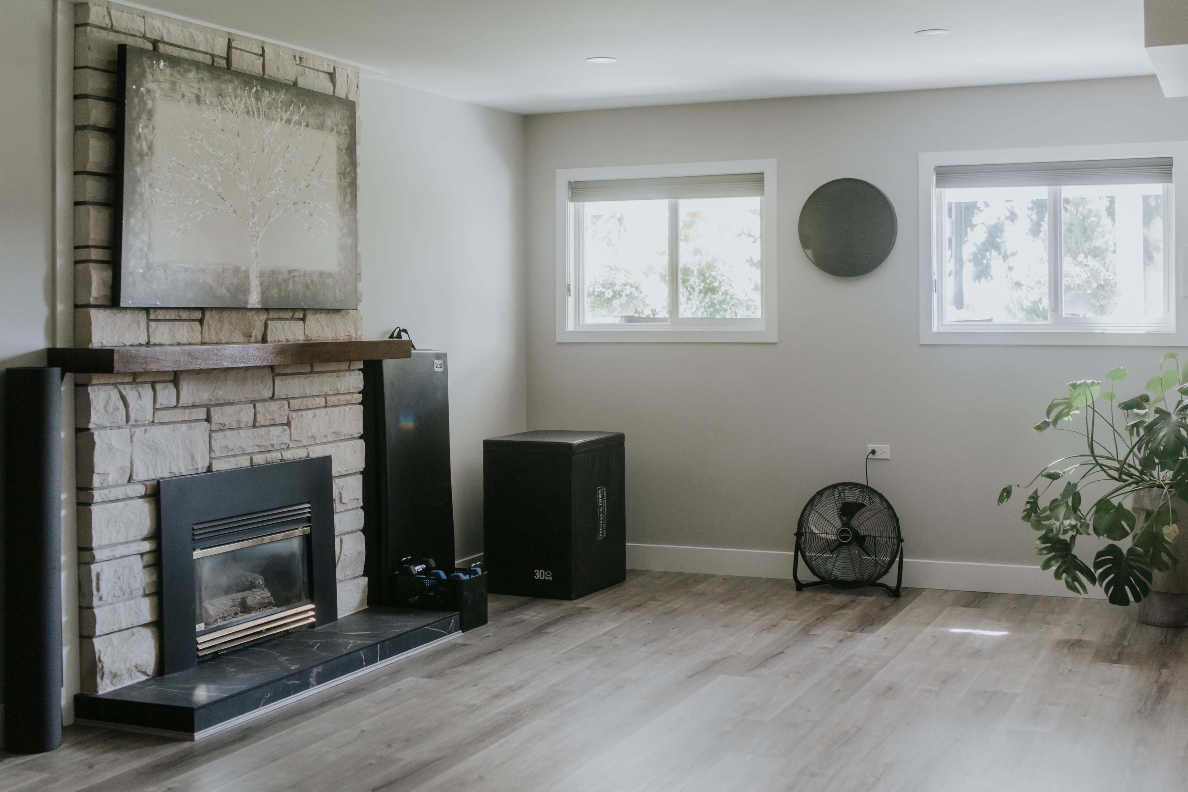 A living room features a stone fireplace with a painting above it, a black exercise box, a fan, and a large houseplant, all against light-colored walls and wooden flooring.