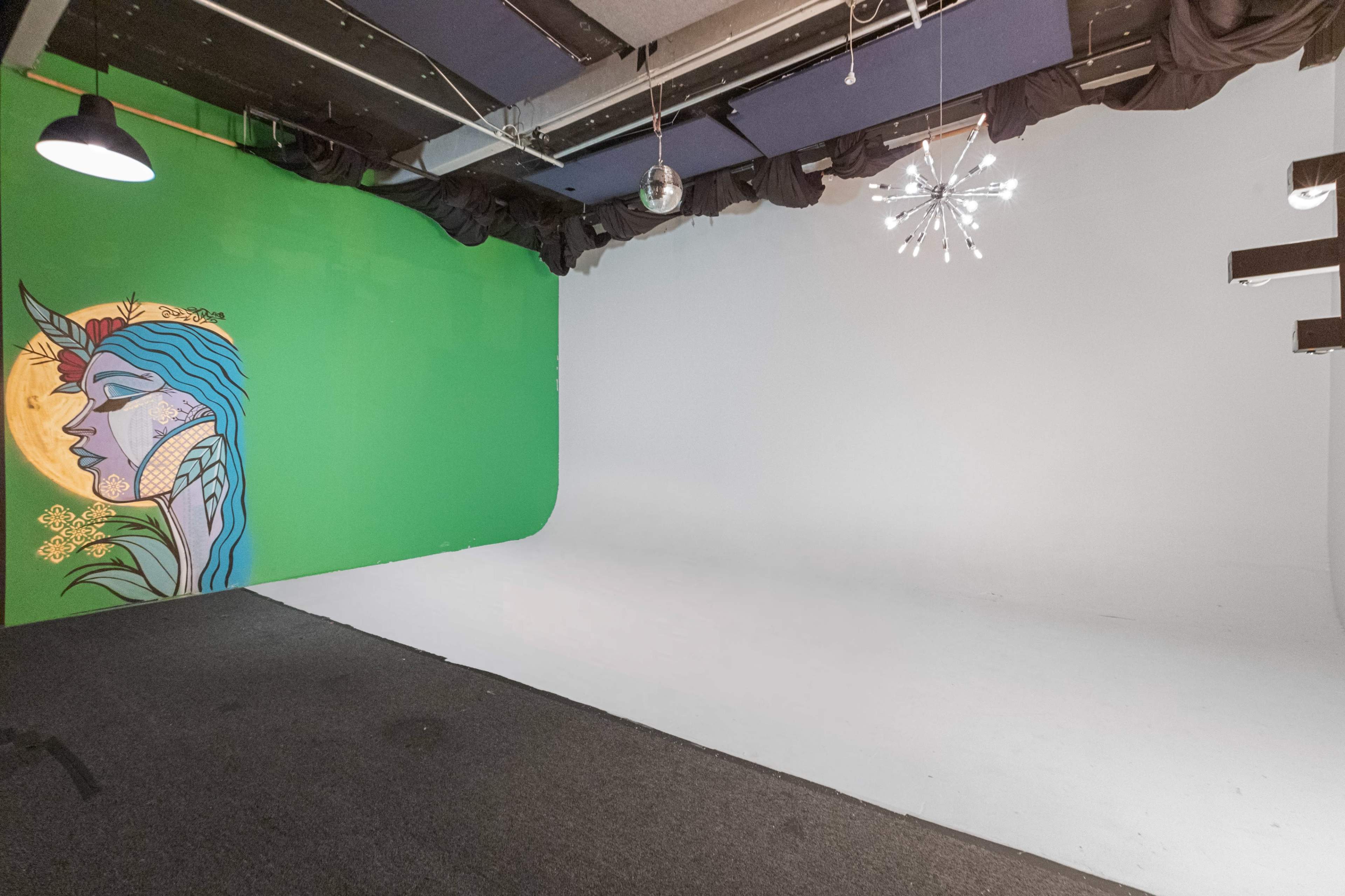 The image shows a photo studio with a vibrant green wall featuring a mural of a woman and a blank white backdrop on the opposite side, illuminated by ceiling lights.