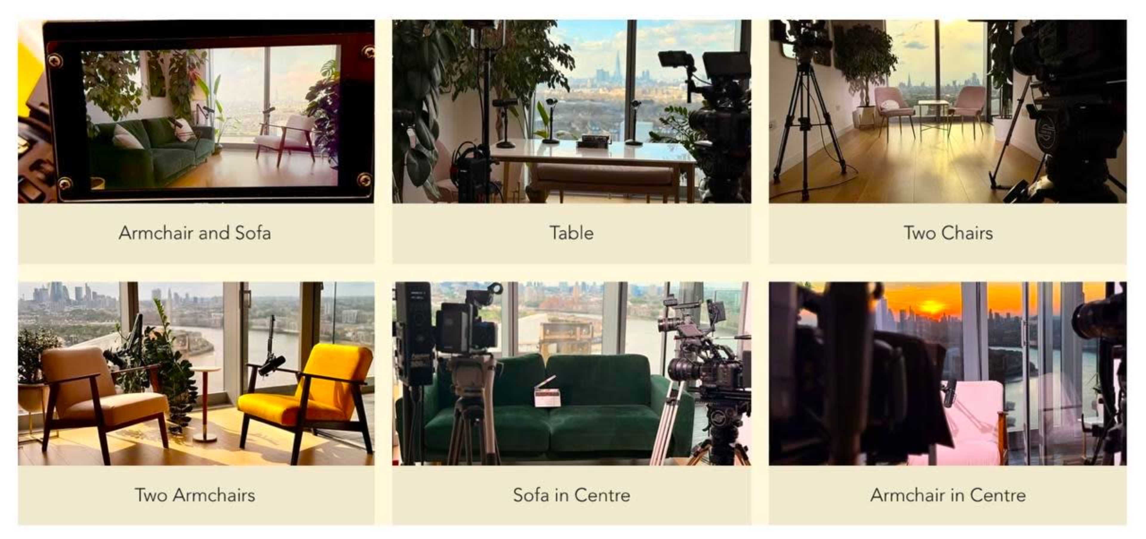 The image features multiple scenes of a well-lit indoor space with furniture arrangements, including armchairs, sofas, and tables, each alongside filming equipment.