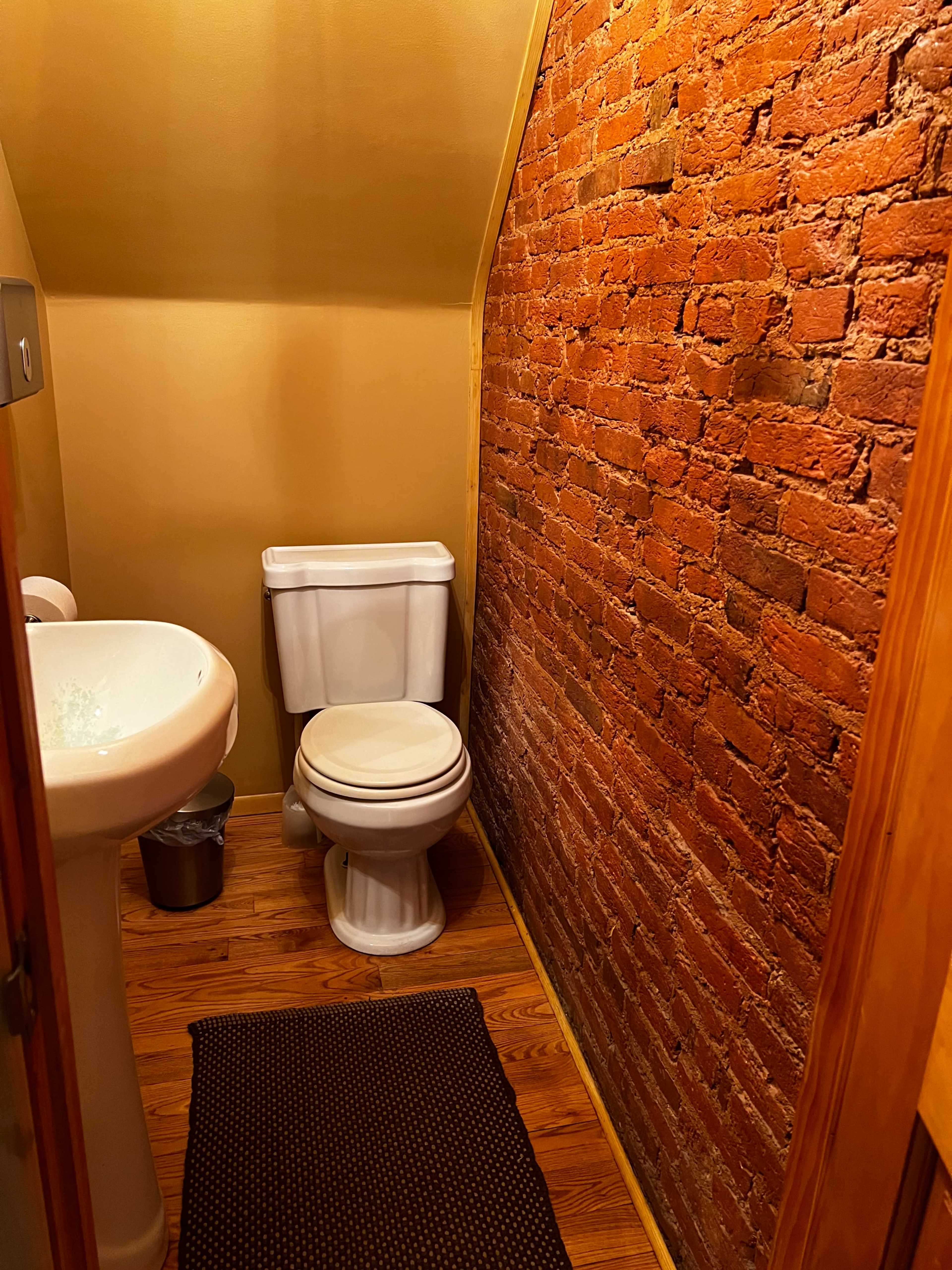 A narrow bathroom with a brick wall, a white toilet, a sink, and a wooden floor.