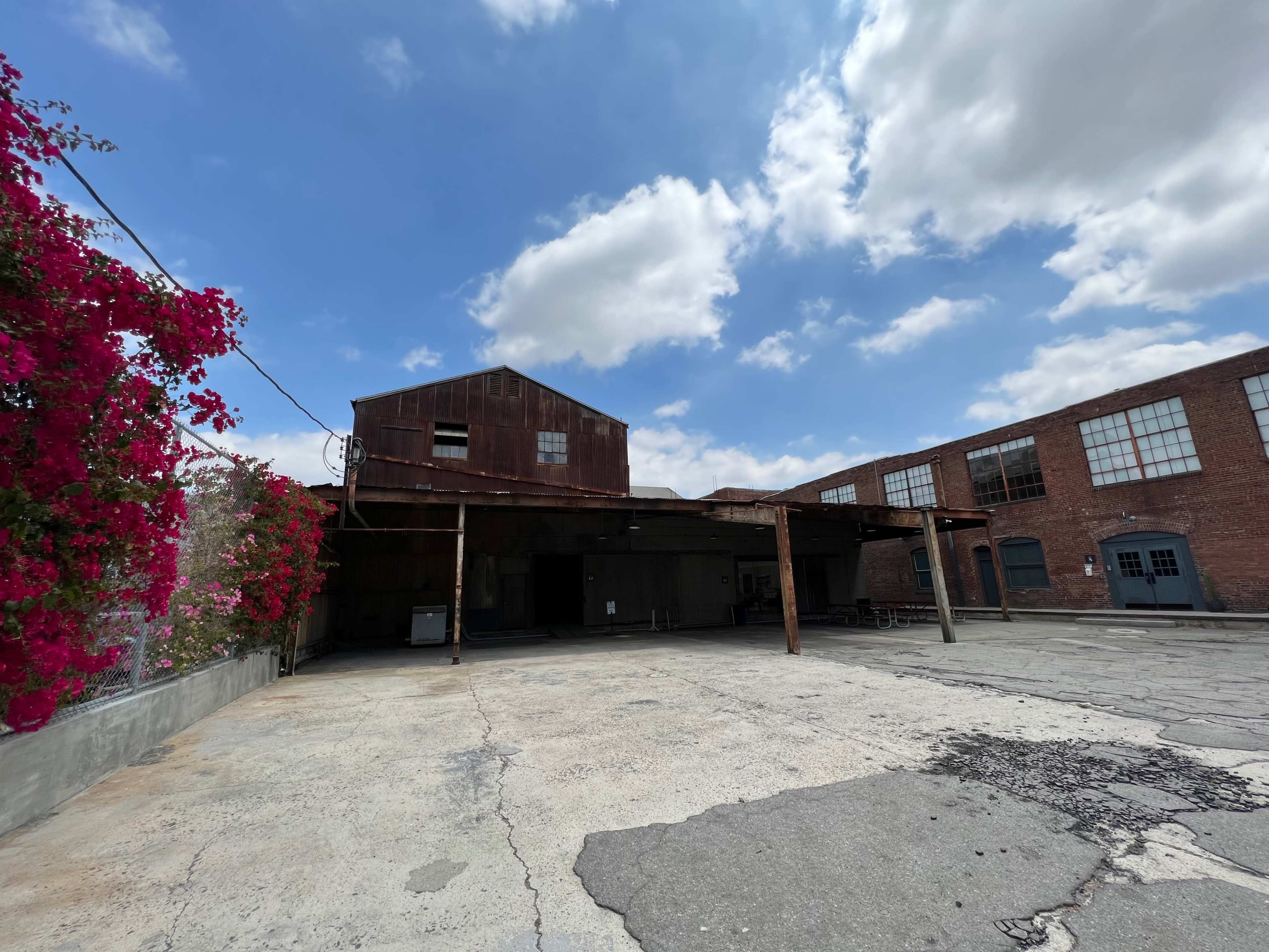 An old industrial building with a rusty metal structure and flowering vines stands under a cloudy sky.