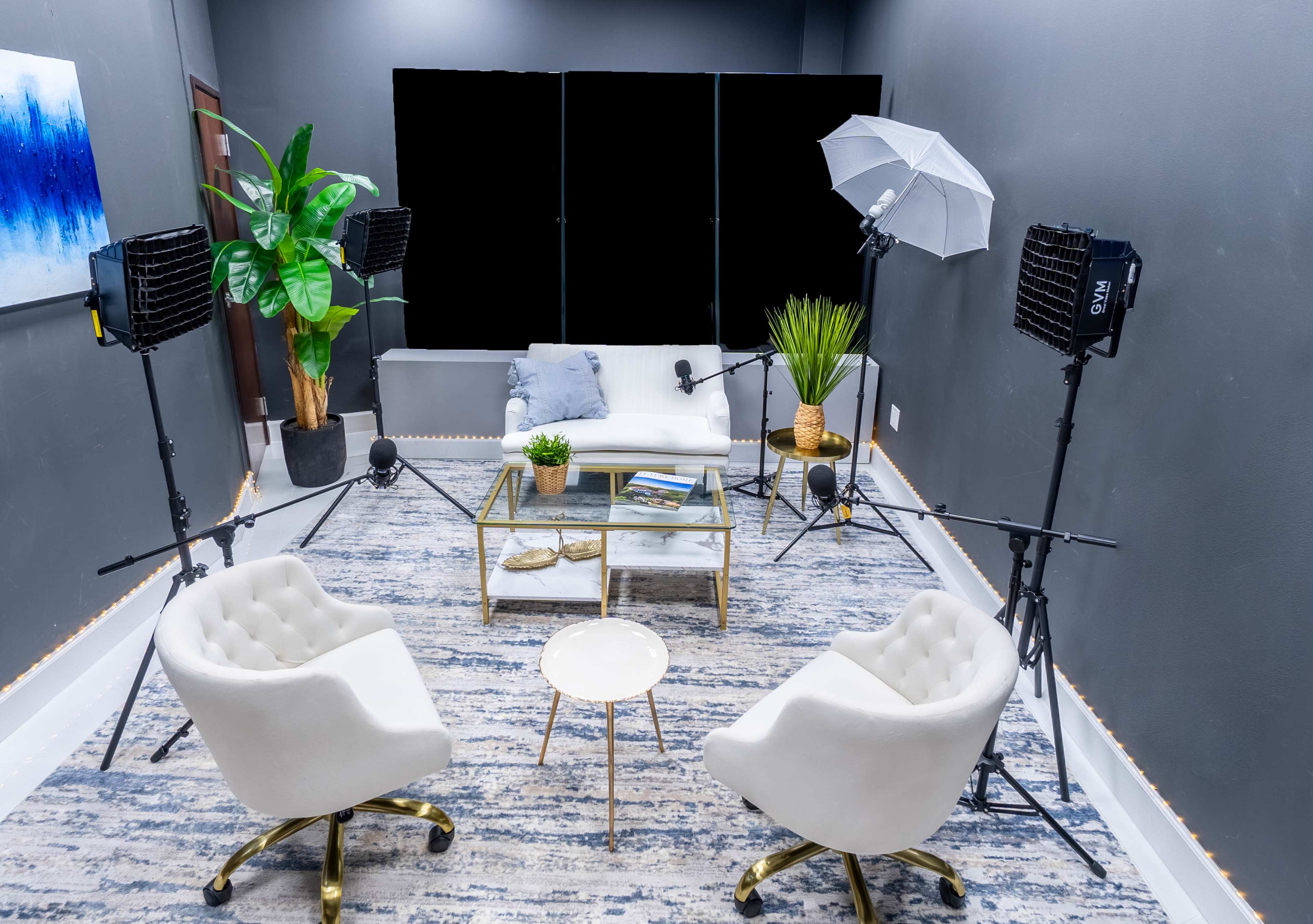 The image shows a well-lit studio setup featuring two white chairs, a glass coffee table, and various plants, with softbox lights and microphones positioned around the space.