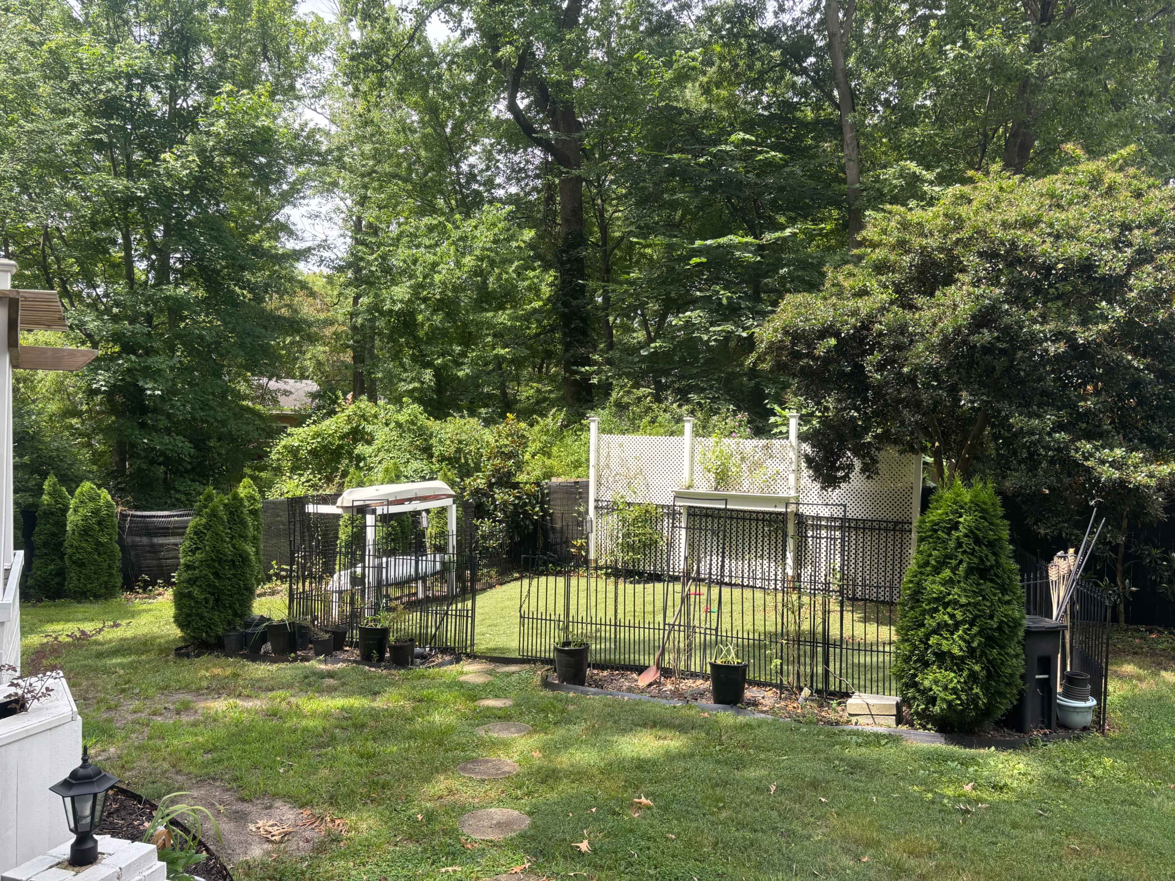 The image shows a fenced backyard with a grassy area, surrounded by trees and shrubs, featuring a gazebo and various potted plants.