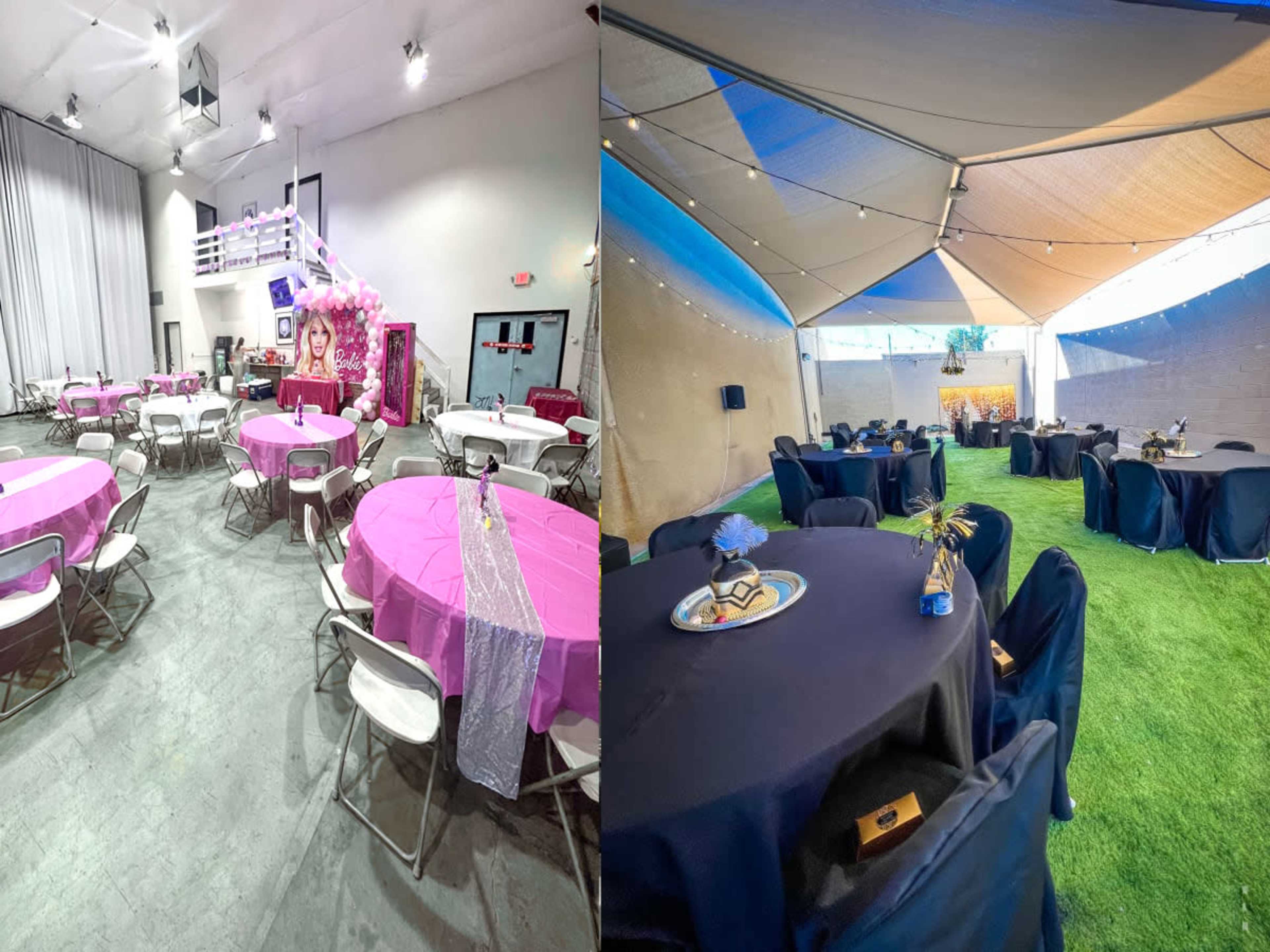 Two event spaces: the left features a room with pink tablecloths and festive decor, while the right displays an outdoor area with black-covered tables under a canopy on grass.