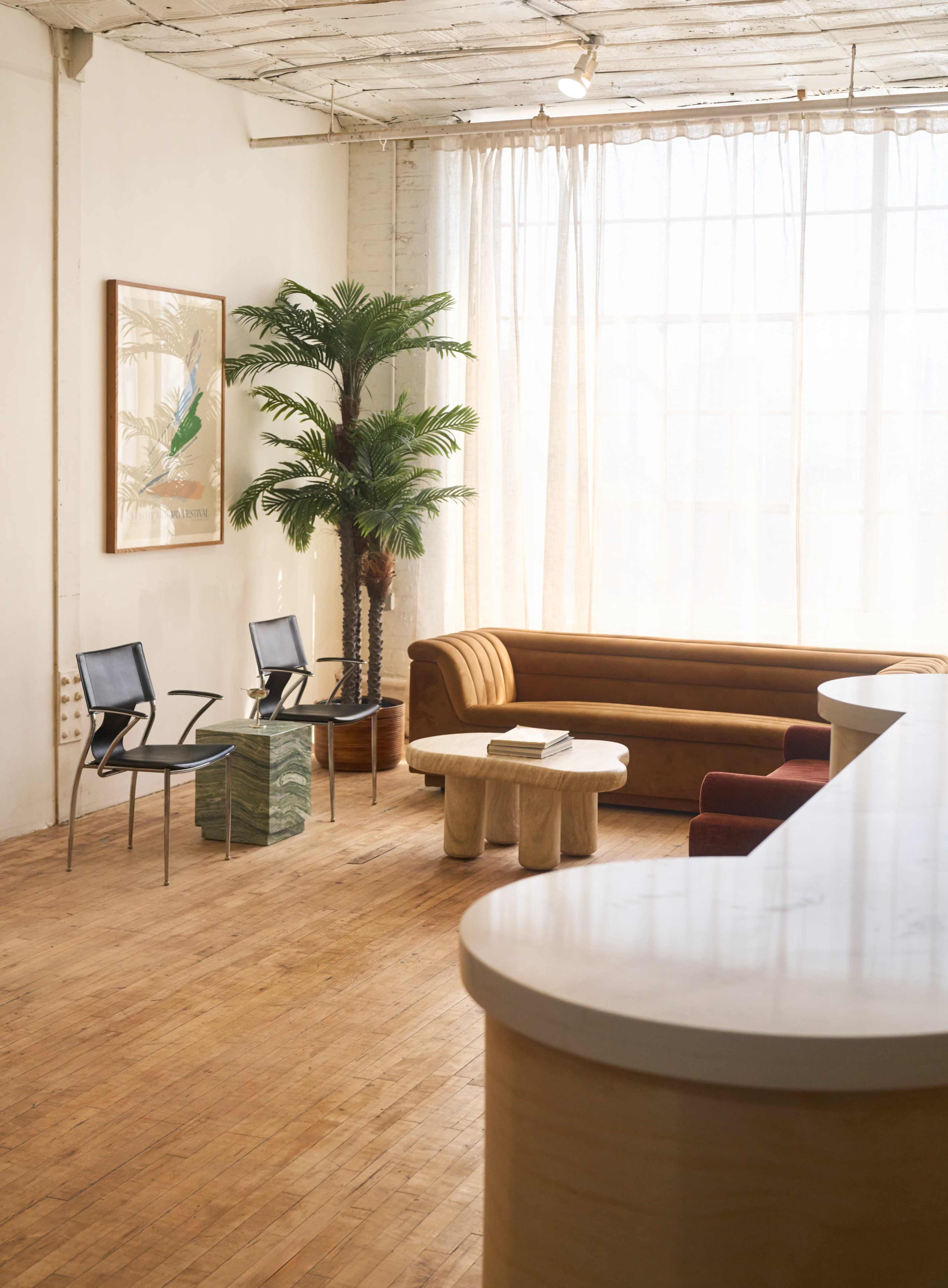 The scene features a bright, open interior with a large window, a brown sofa, two black chairs, a small green table, a wooden coffee table, and a potted palm plant.