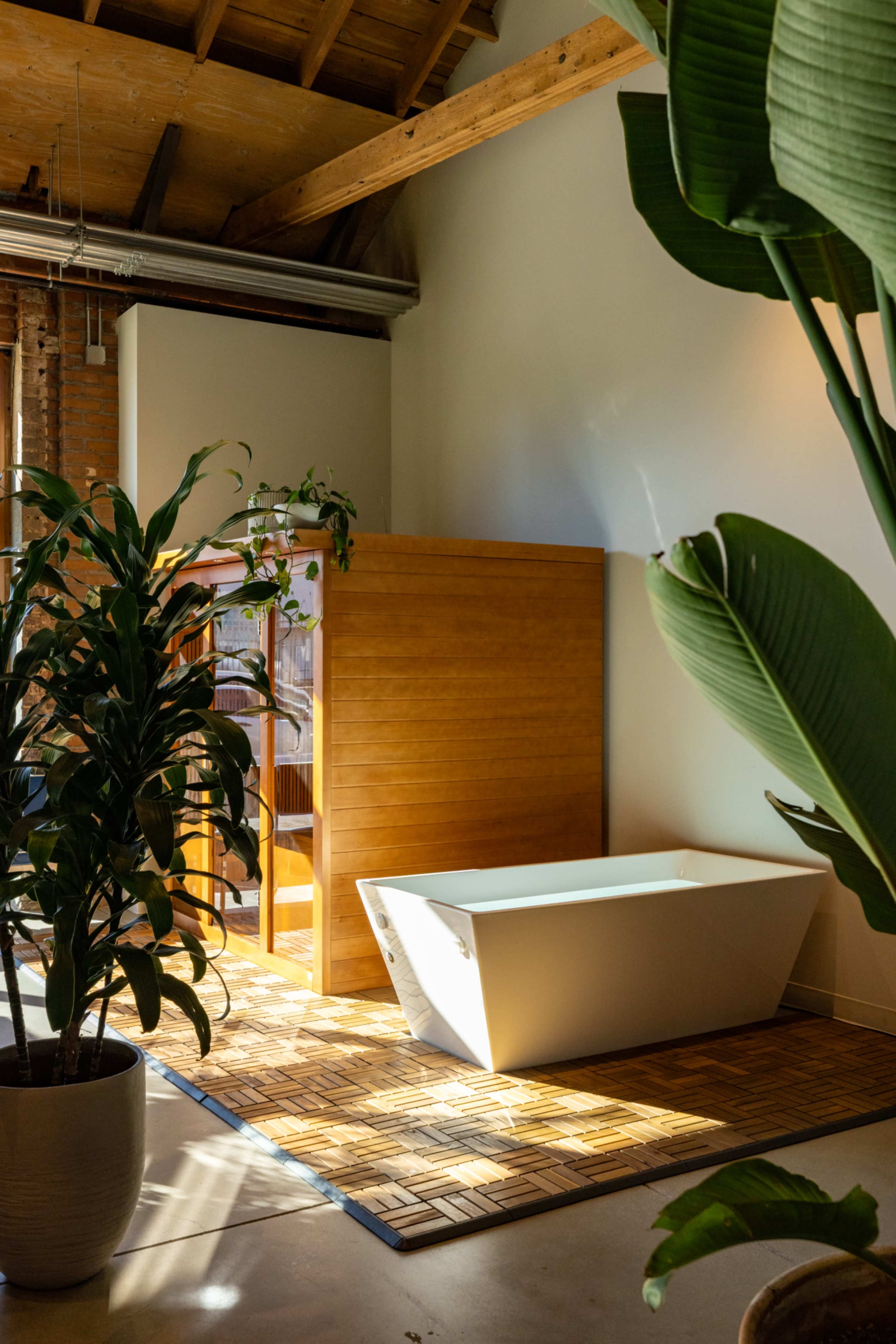 The image shows a bright bathroom featuring a freestanding white bathtub next to a wooden sauna or storage unit, surrounded by tall plants and a bamboo-style rug on the floor.