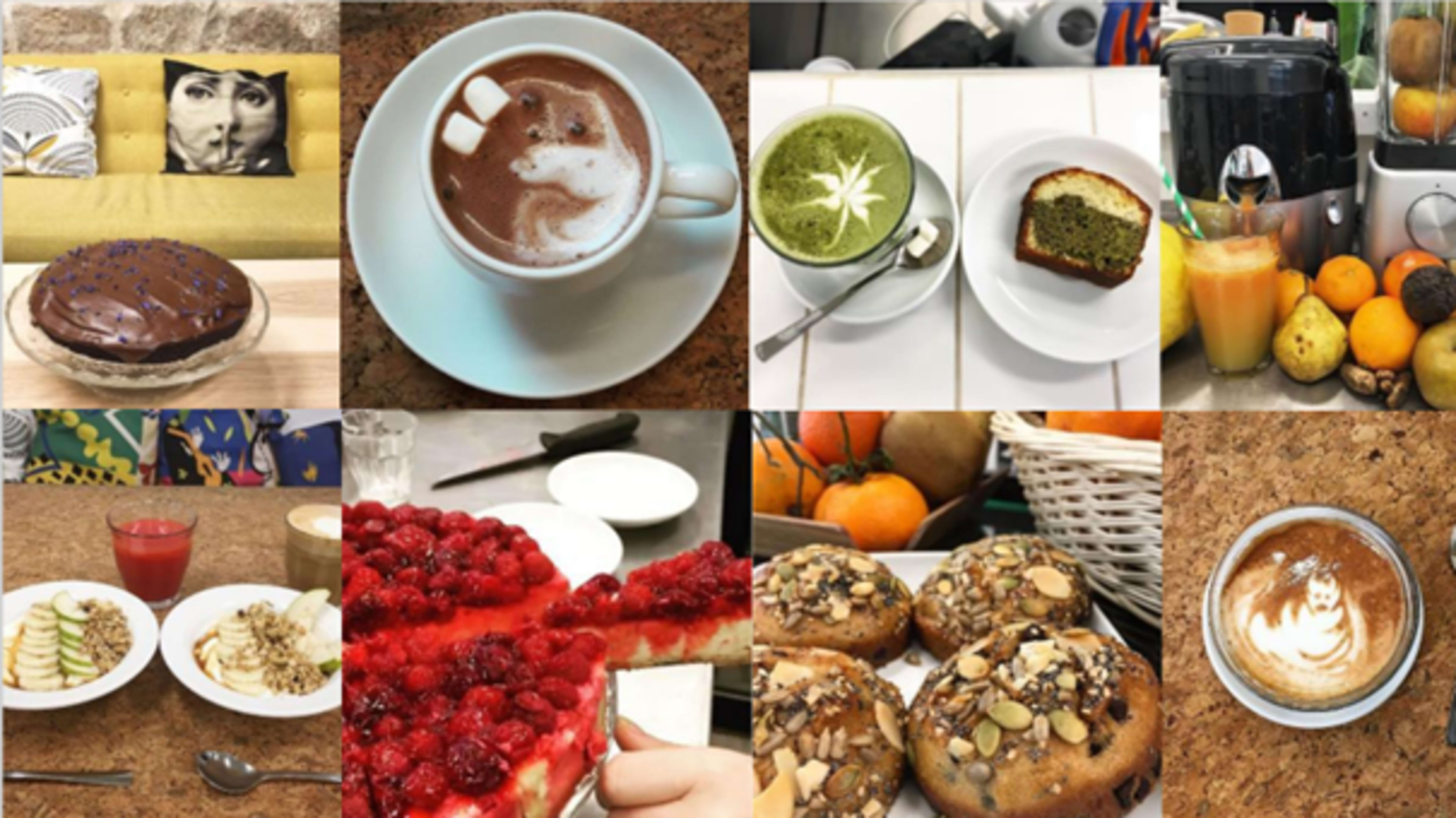 A collage of various food and beverage items, including hot chocolate, green tea, fruit juices, cakes, and desserts, arranged on different surfaces.