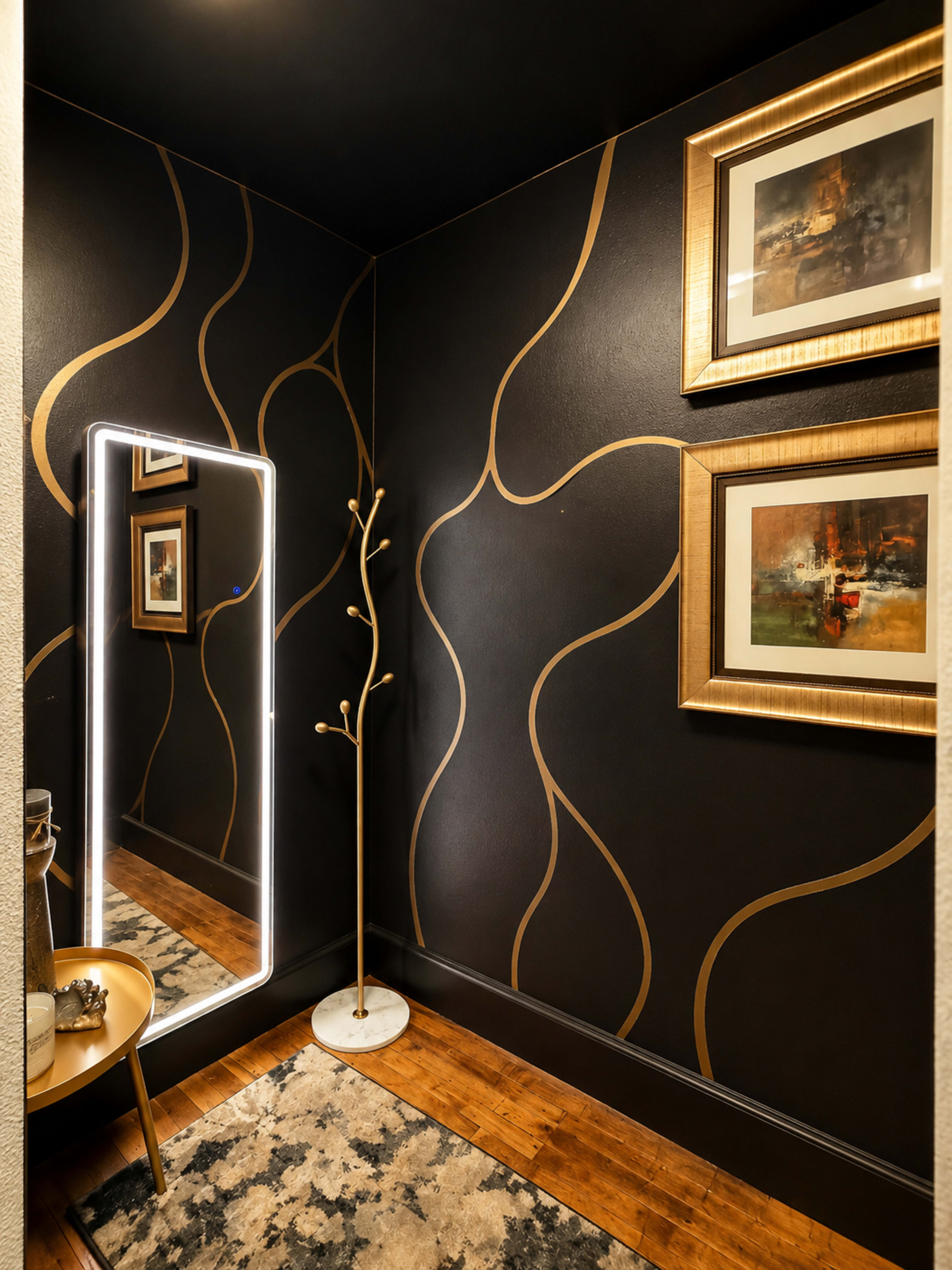 The image shows a small, elegantly designed hallway featuring a lit mirror, a decorative coat rack, framed artwork on the walls, and a patterned rug on the wooden floor.