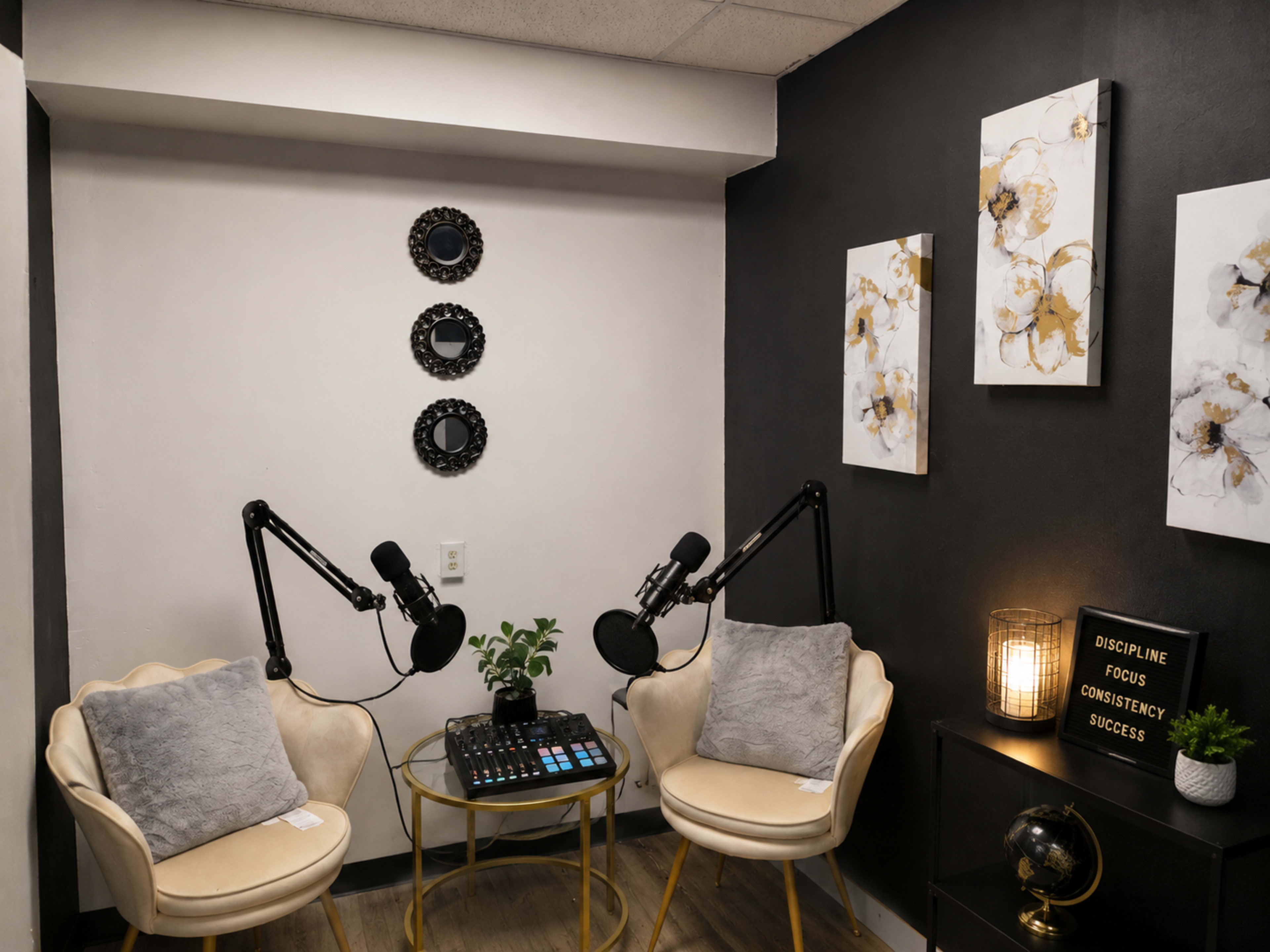 The image shows a small podcasting studio with two chairs, a round table, two microphones mounted on adjustable arms, decorative wall art, and a lamp.