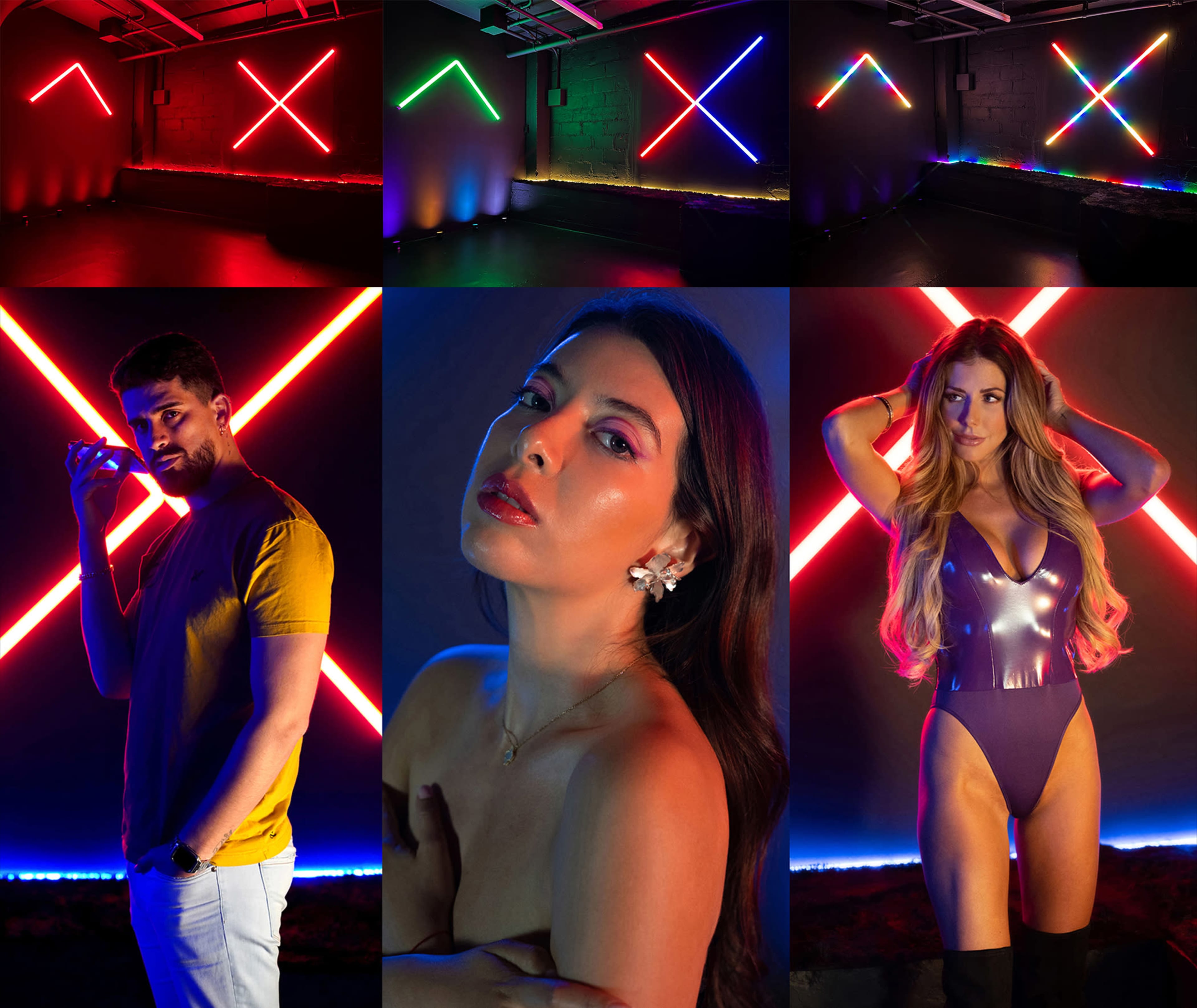 A collage of four scenes, each showcasing individuals posed against a backdrop of colorful neon lighting in various arrangements.