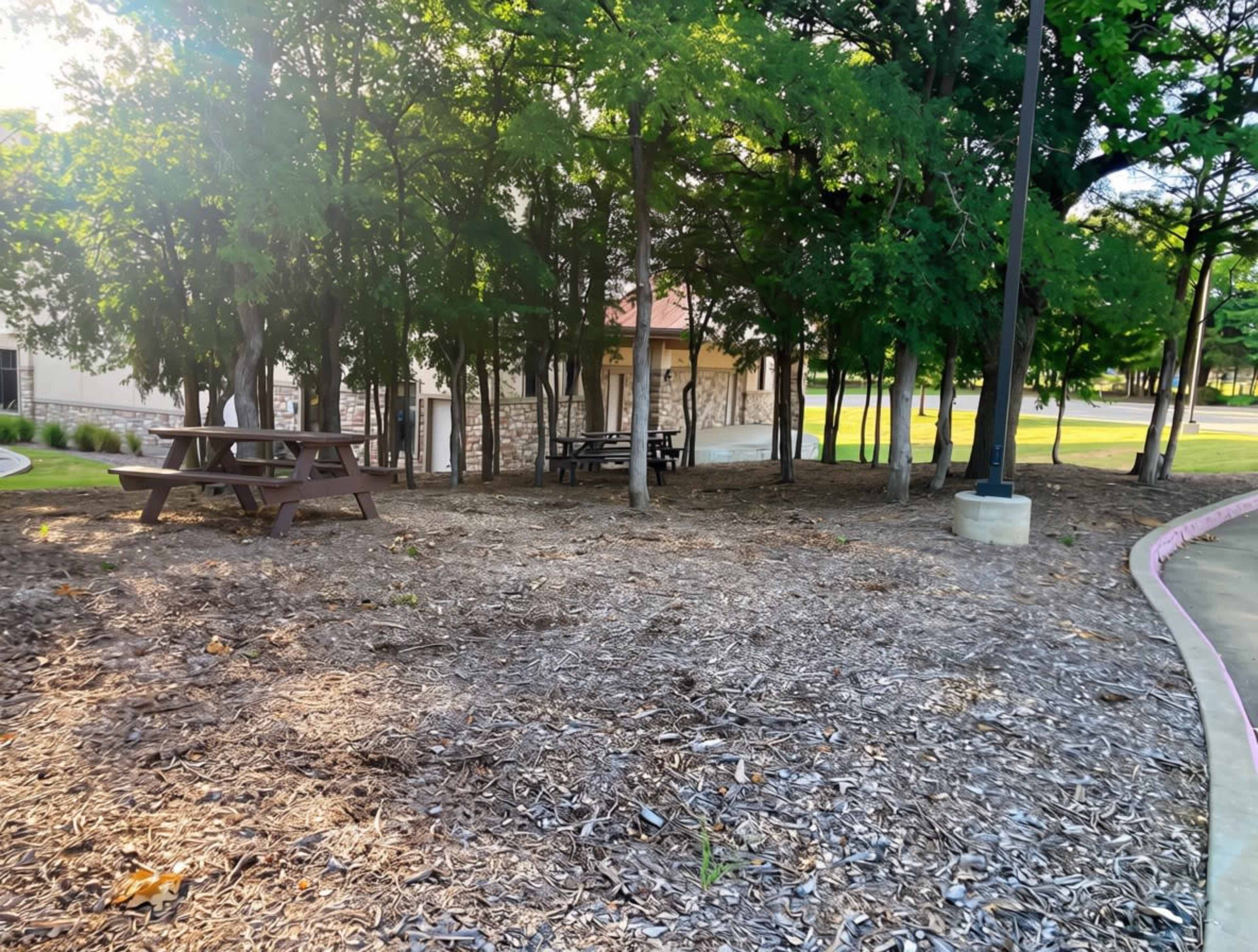 The image shows a shaded area with several picnic tables surrounded by trees and a paved walkway.