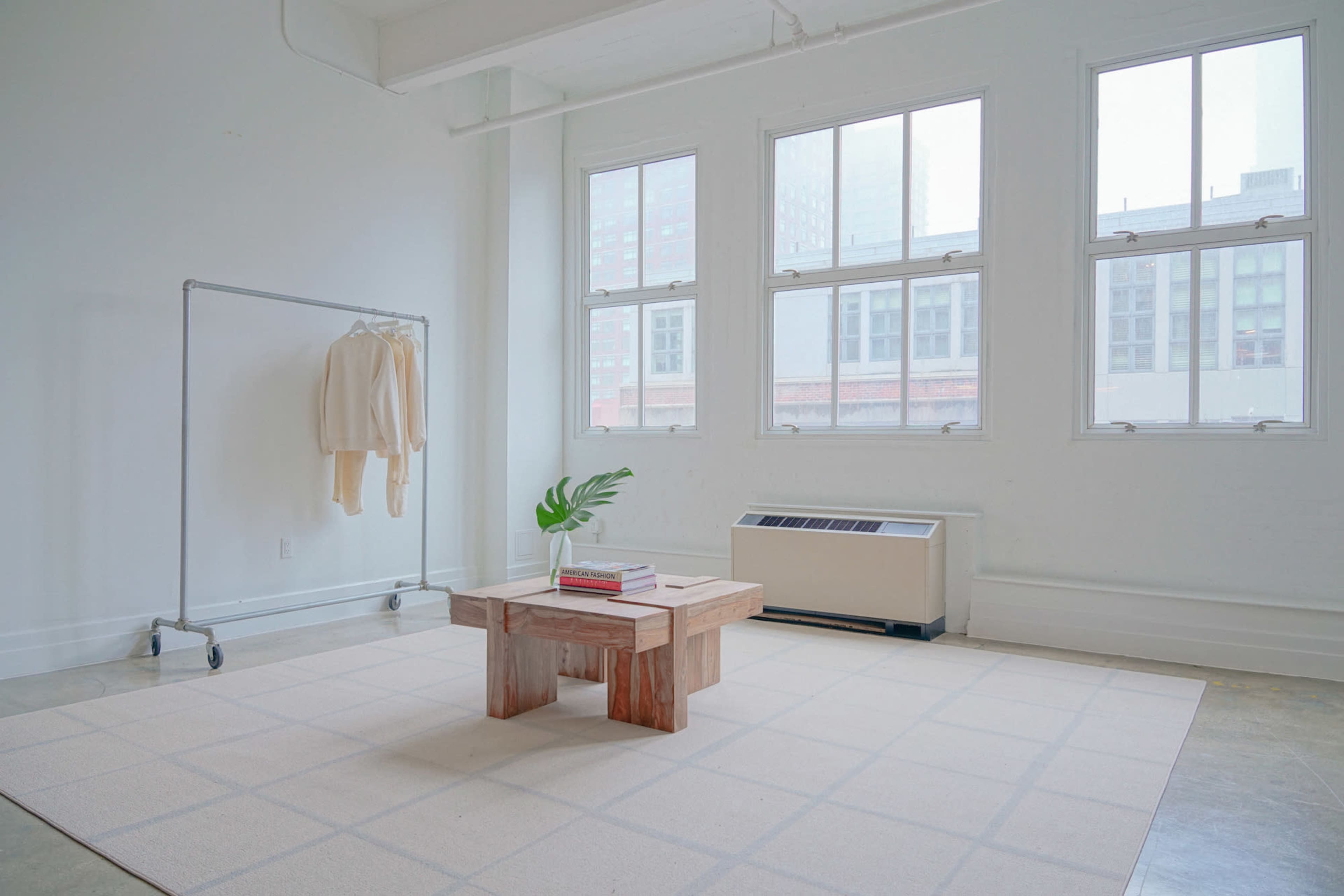 A minimalist room features a wooden coffee table on a patterned rug, a clothing rack with a garment, and large windows letting in natural light.