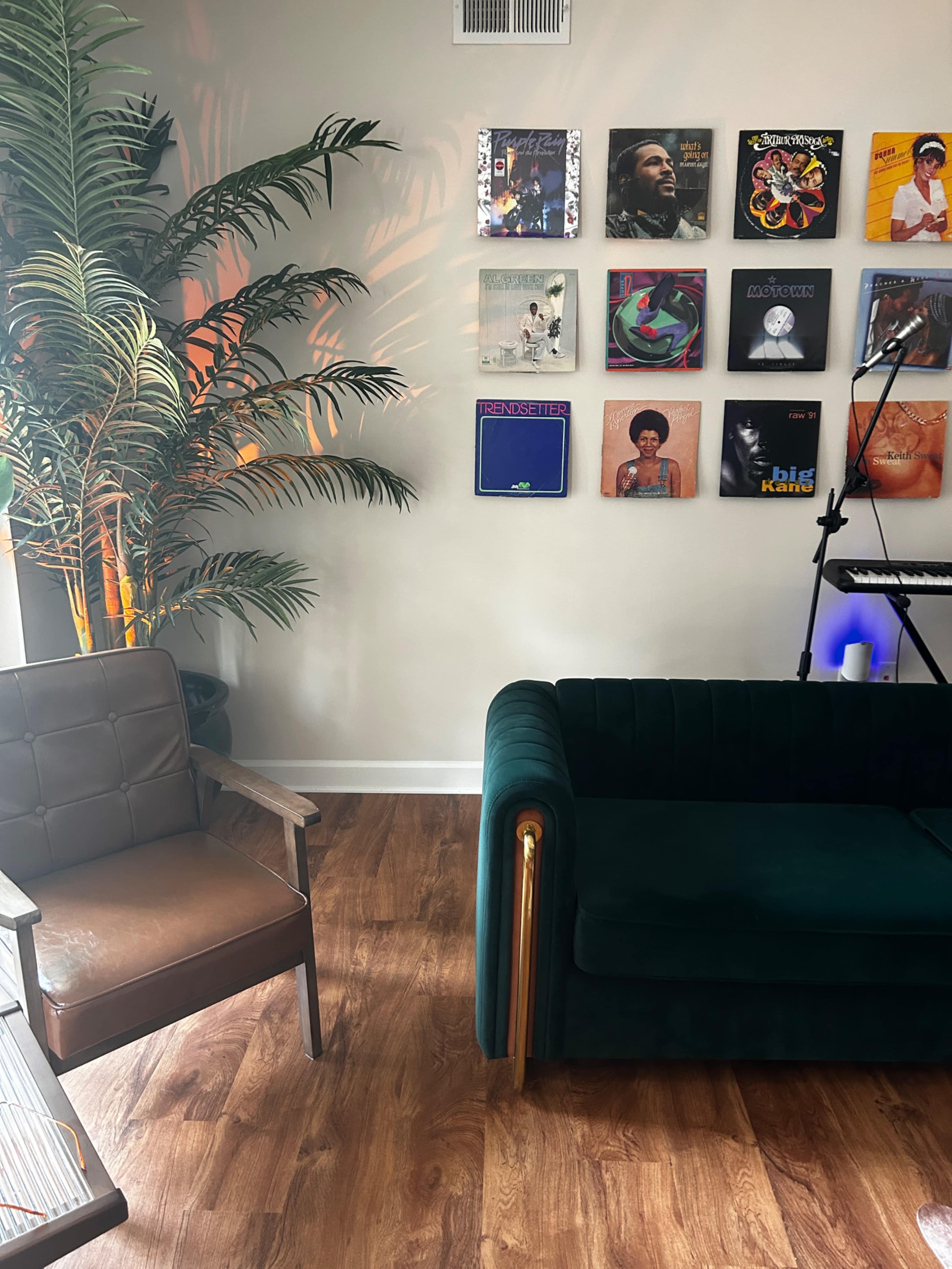 The scene features a modern living space with a green velvet sofa, a brown armchair, and a wall adorned with various vinyl records, alongside a potted plant.
