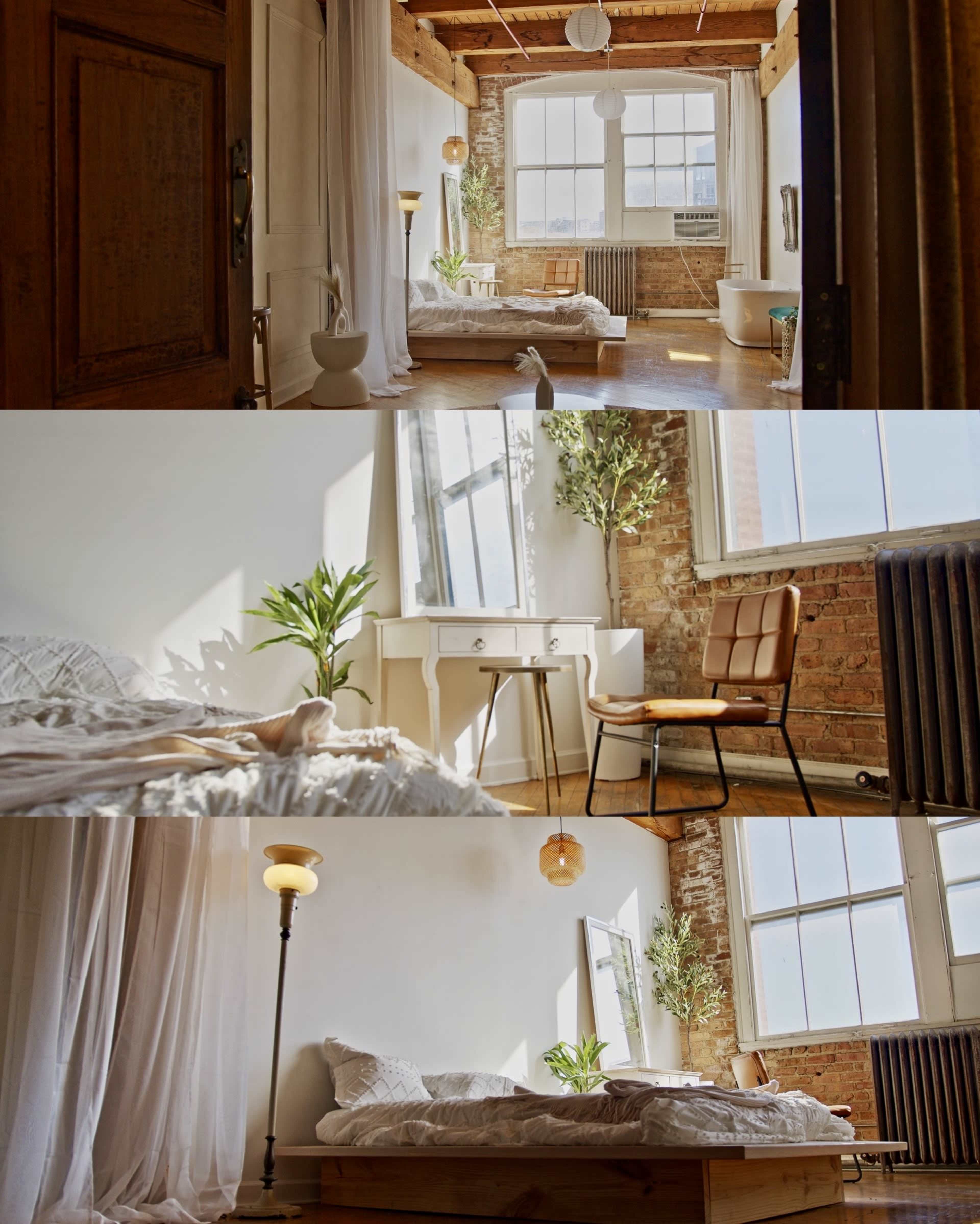 The image features a bright, minimalist bedroom with wooden beams, large windows, and a mix of natural materials and greenery.
