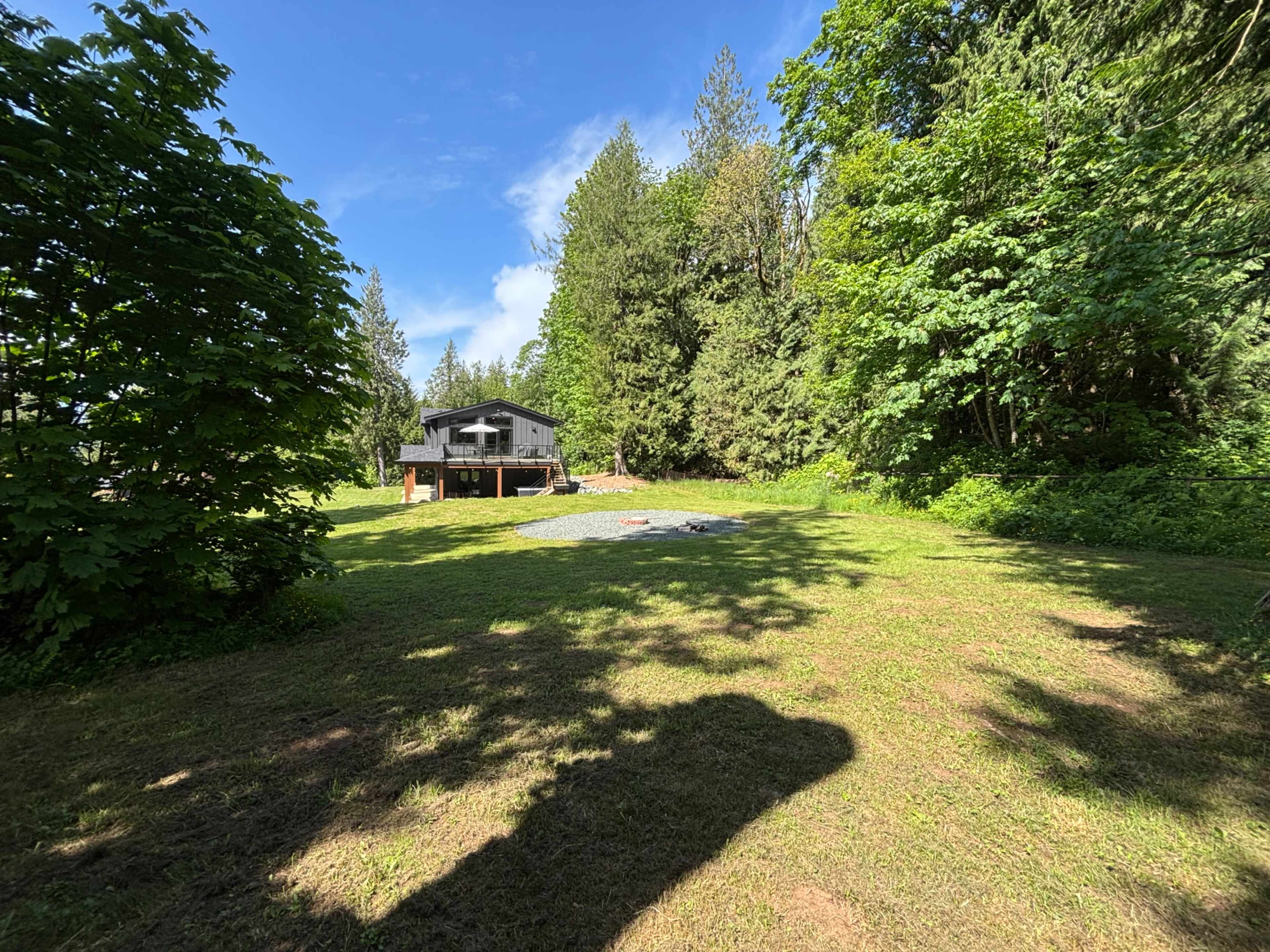 A large grassy area with a house set back among trees on a clear day.