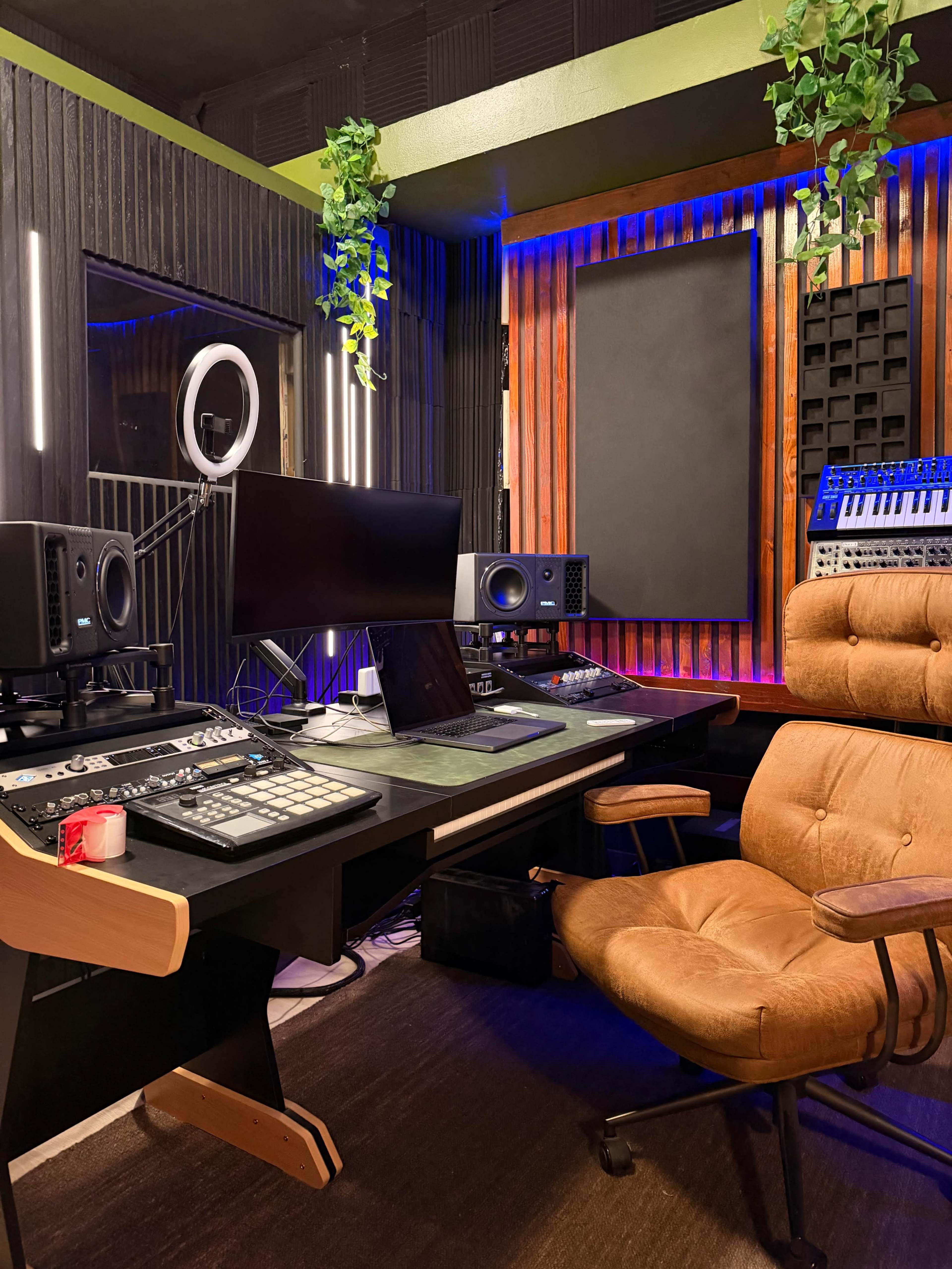 The image shows a modern music production studio featuring a large desk with audio equipment, a computer monitor, and an ergonomic chair, all surrounded by sound-absorbing panels and decorative plants.