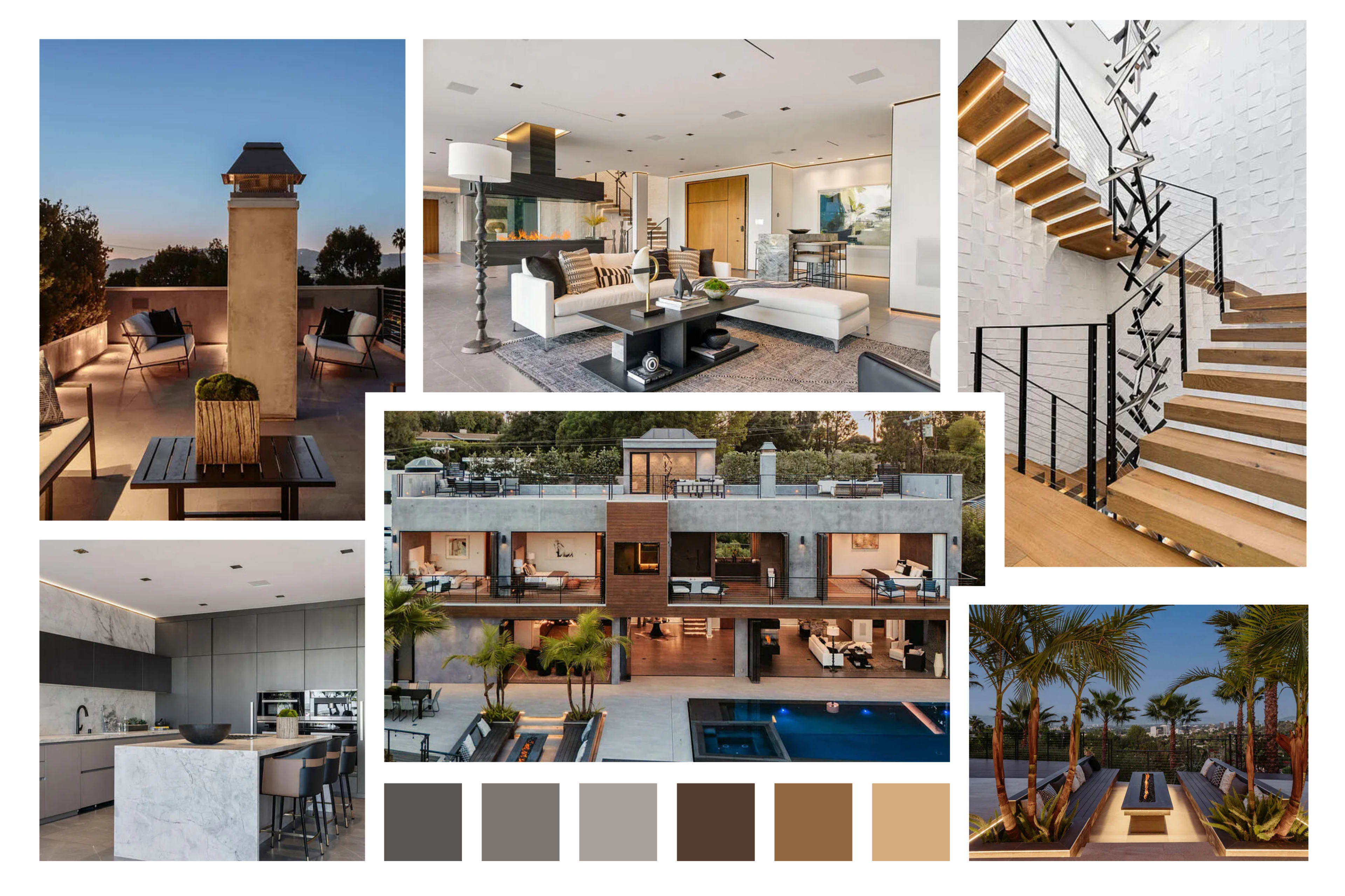 The image showcases a modern luxury home featuring an open living space, a sleek kitchen, and an outdoor terrace with a swimming pool, complemented by stylish staircases and various design elements.