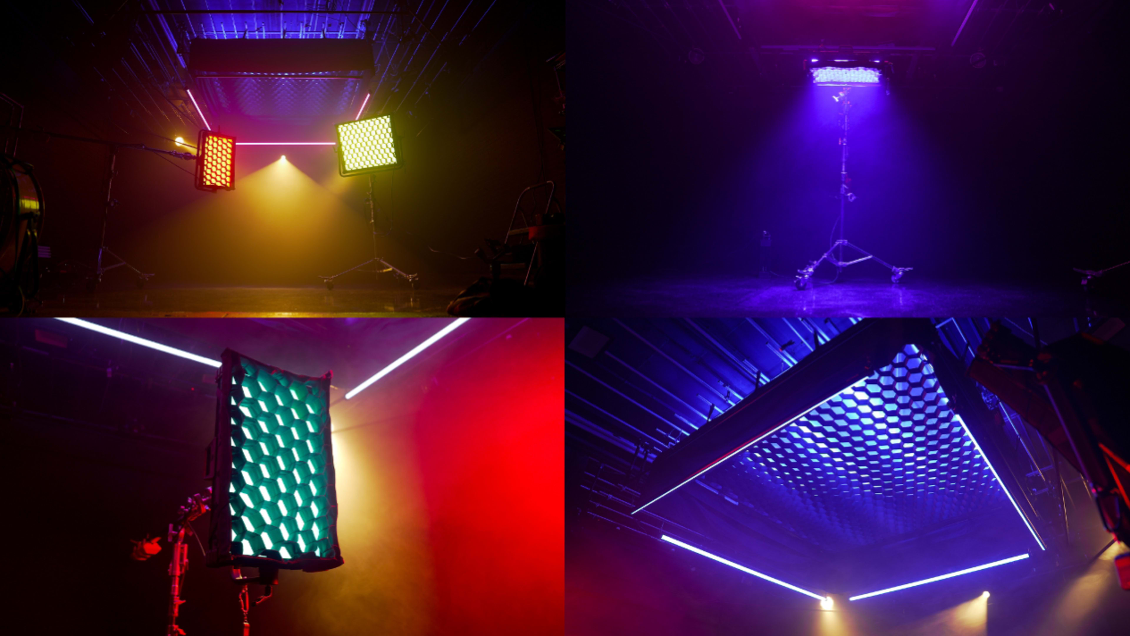 A studio setup with various lighting rigs including suspended panels and illuminated grids creating a colorful display against a dark backdrop.
